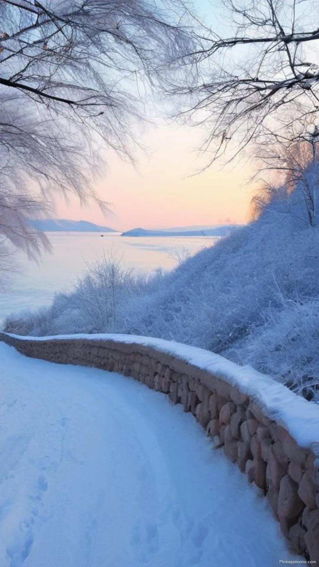 Winter Landscape Wallpaper An HD image of a snowy road at sunset with mountains in the distance ideal for a mobile background Winter Landscape Wallpaper An HD image of a snowy road at sunset with mountains in the distance, ideal for a mobile background.