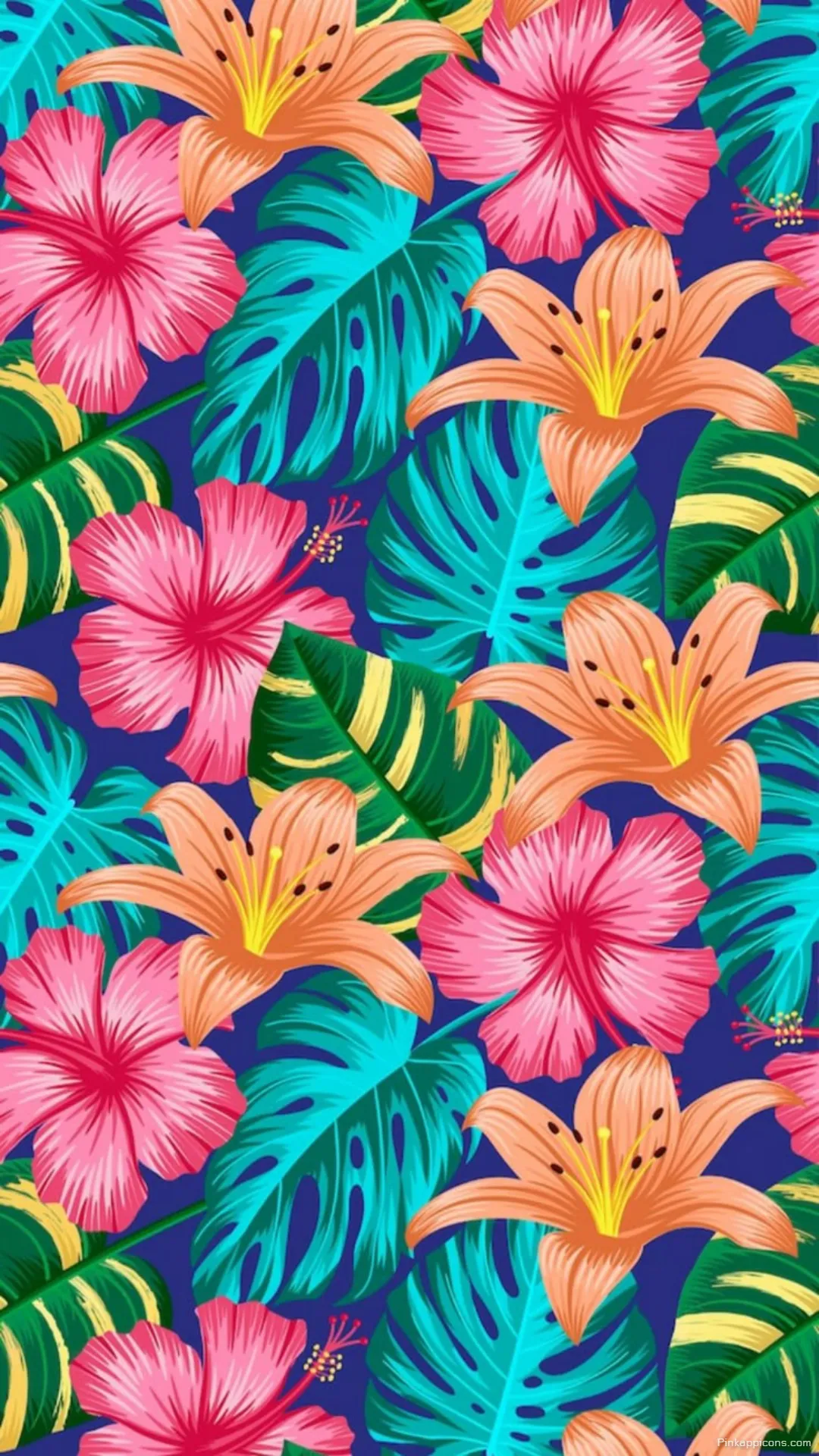 A Bold Pop Art Design with Turquoise Leaves and a Blue Background Tropical Wallpaper A Bold Pop Art Design with Turquoise Leaves and a Blue Background Tropical Wallpaper.