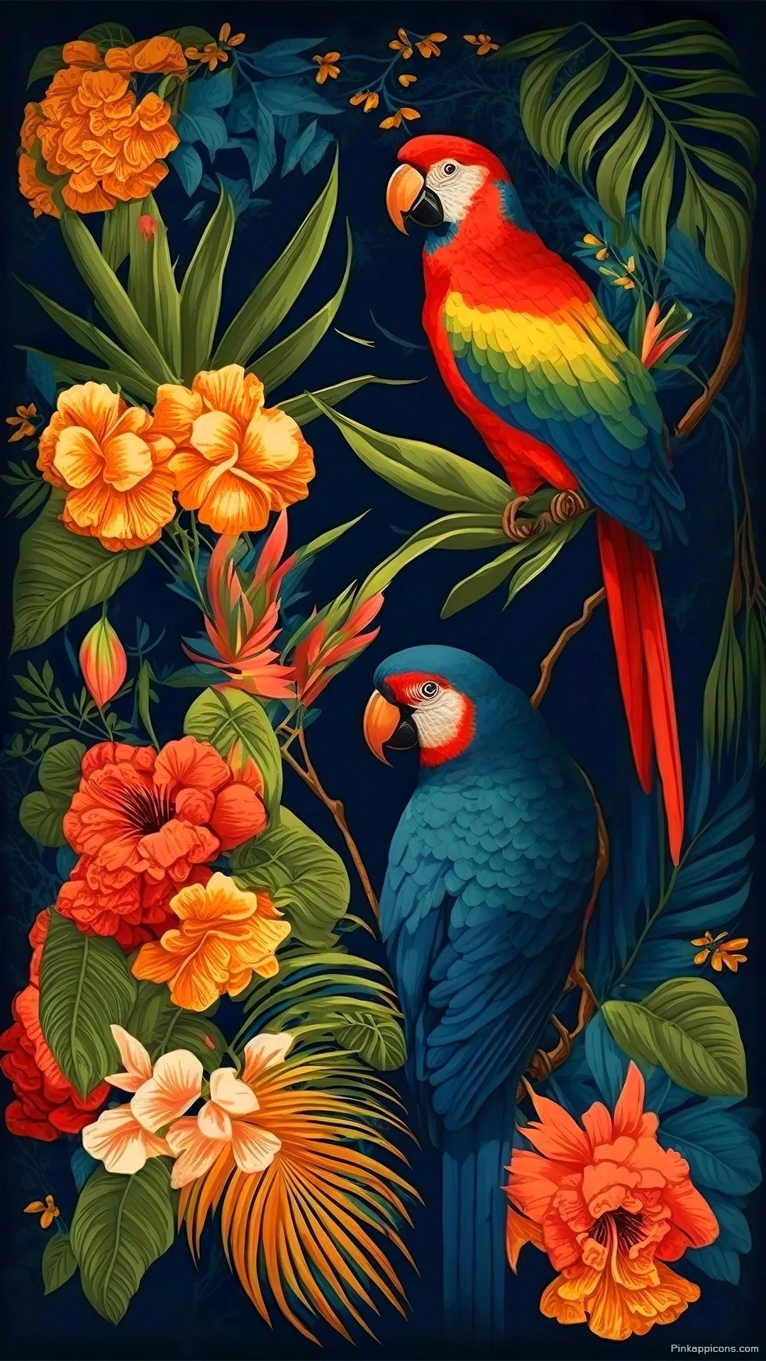 A Classic Painterly Illustration of Two Macaw Parrots an Elegant Tropical Wallpaper A Classic Painterly Illustration of Two Macaw Parrots, an Elegant Tropical Wallpaper.