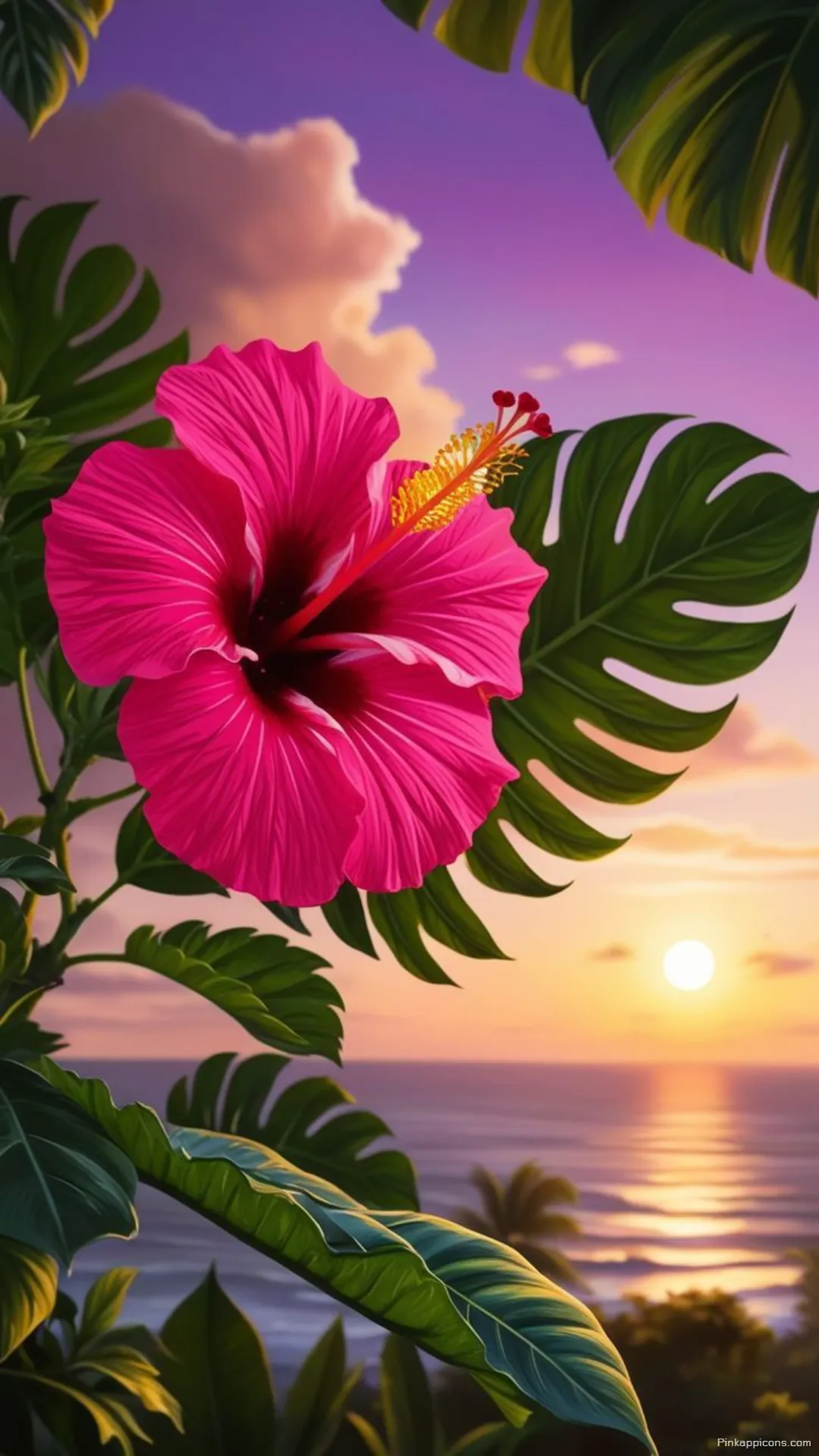 A Close Up of a Radiant Pink Hibiscus at Sunset a Breathtaking Scenic Tropical Wallpaper A Close-Up of a Radiant Pink Hibiscus at Sunset, a Breathtaking Scenic Tropical Wallpaper.