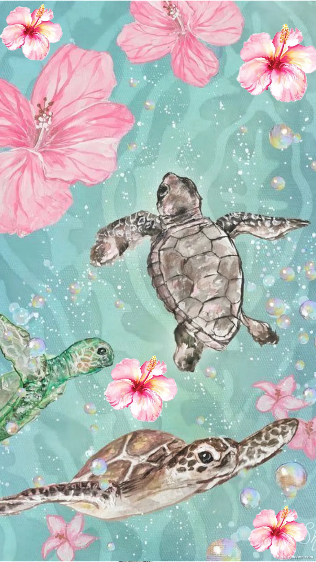 A Cute Sea Turtle and Pink Hibiscus Flower Ocean Scene Tropical Wallpaper for Your Phone A Cute Sea Turtle and Pink Hibiscus Flower Ocean Scene Tropical Wallpaper for Your Phone.