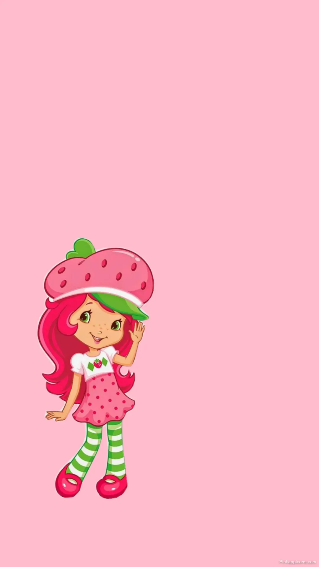 A Cute Strawberry Shortcake Wallpaper Featuring the Friendly Character Waving on a Pink Background A Cute Strawberry Shortcake Wallpaper Featuring the Friendly Character Waving on a Pink Background