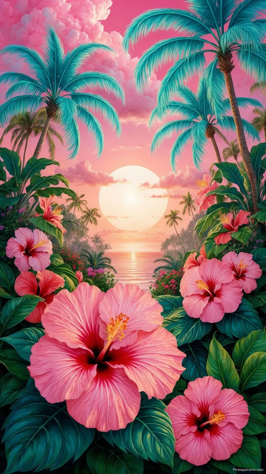 A Dreamy Fantasy Paradise with a Pink Sunset and Turquoise Palms a Magical Tropical Wallpaper A Dreamy Fantasy Paradise with a Pink Sunset and Turquoise Palms, a Magical Tropical Wallpaper.