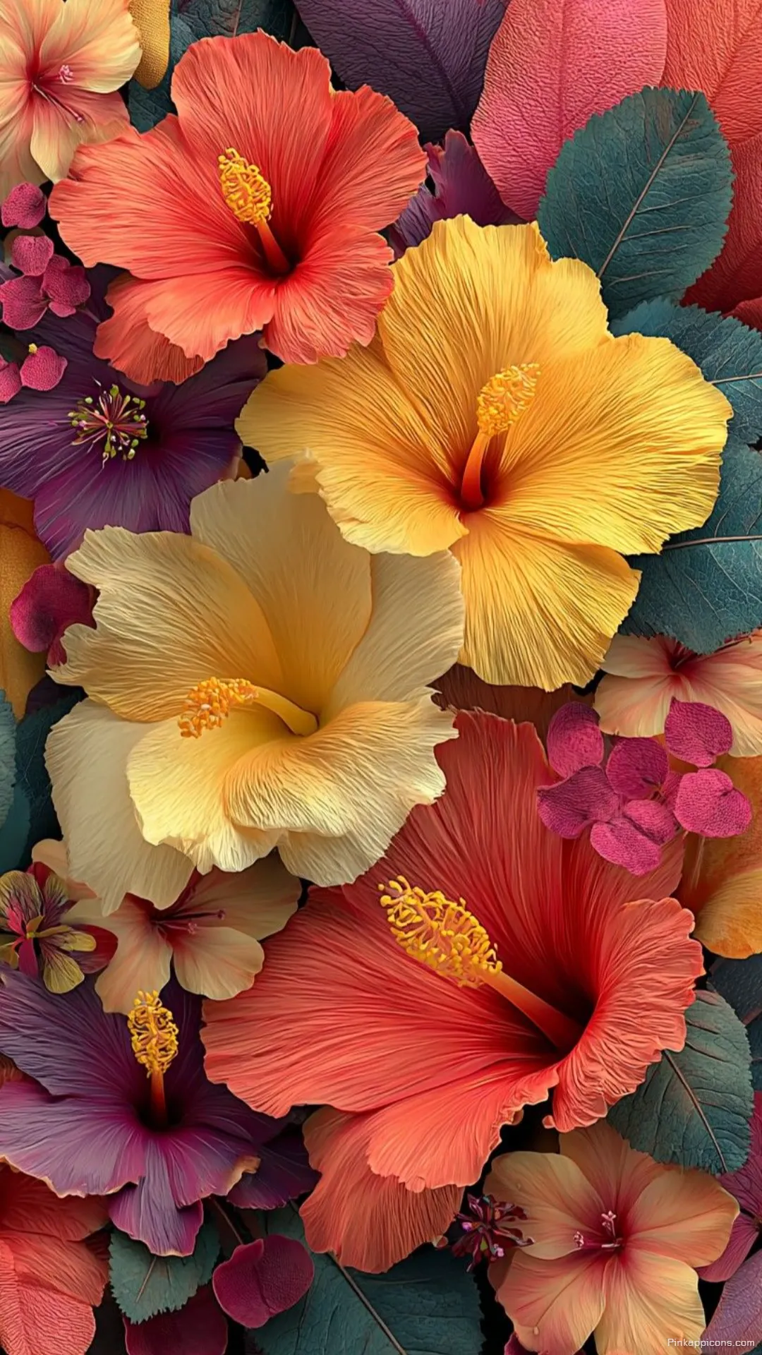 A Lush Arrangement of Hibiscus in Rich Warm Tones an Elegant Floral Tropical Wallpaper A Lush Arrangement of Hibiscus in Rich, Warm Tones, an Elegant Floral Tropical Wallpaper.
