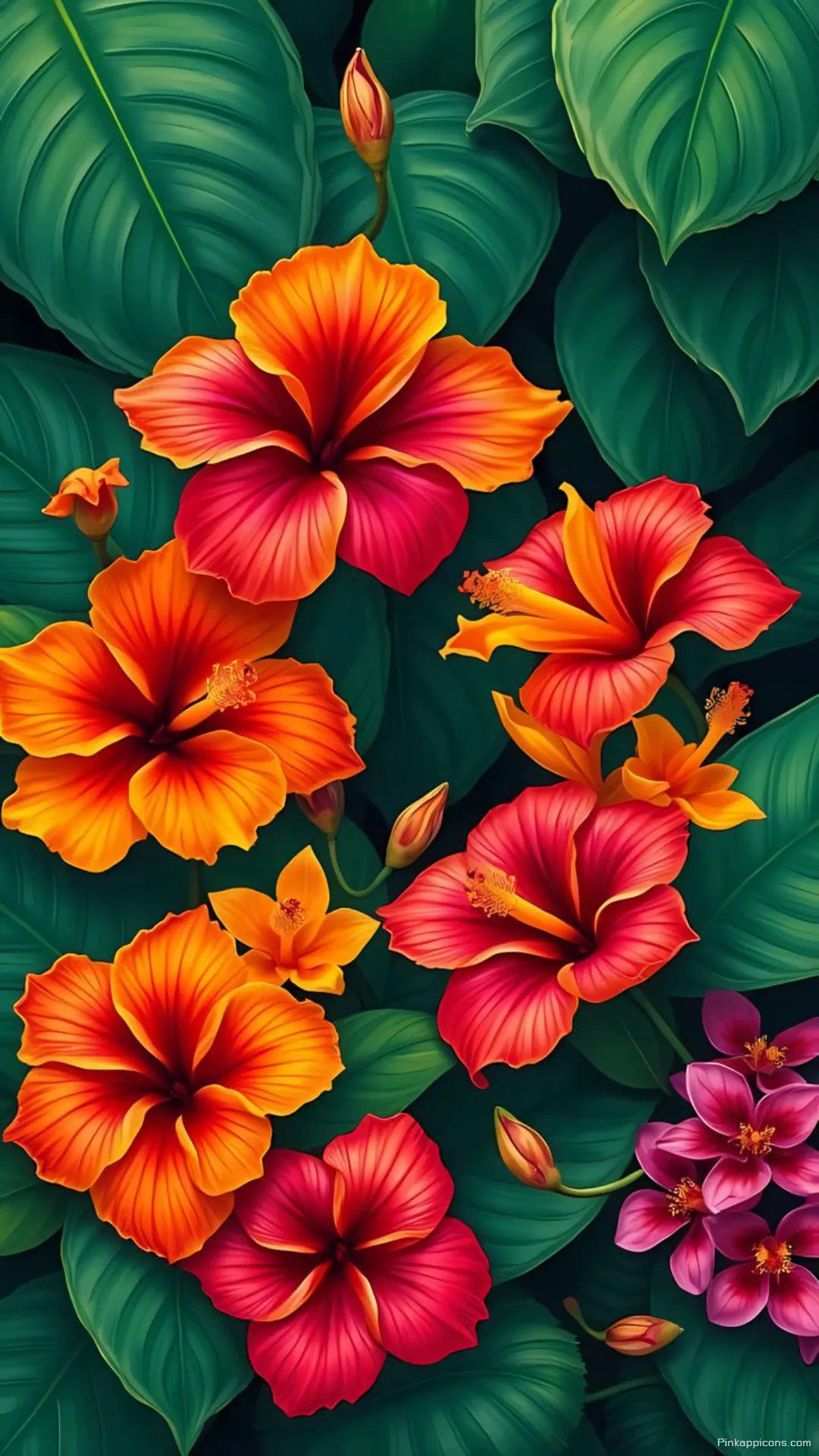 A Stunning Display of Fiery Red and Orange Hibiscus Flowers a Vibrant Tropical Wallpaper A Stunning Display of Fiery Red and Orange Hibiscus Flowers, a Vibrant Tropical Wallpaper.