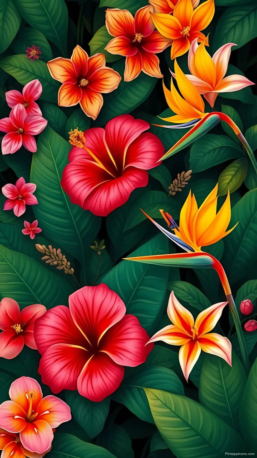A Vibrant Arrangement of Bird of Paradise and Hibiscus a Stunning Tropical Wallpaper A Vibrant Arrangement of Bird of Paradise and Hibiscus, a Stunning Tropical Wallpaper.