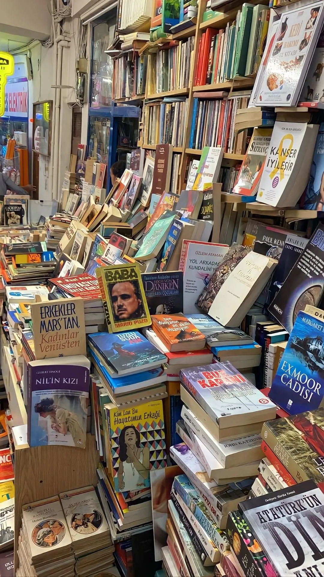 A chaotic and charming book wallpaper of a second hand bookstore overflowing with novels A chaotic and charming book wallpaper of a second-hand bookstore overflowing with novels.