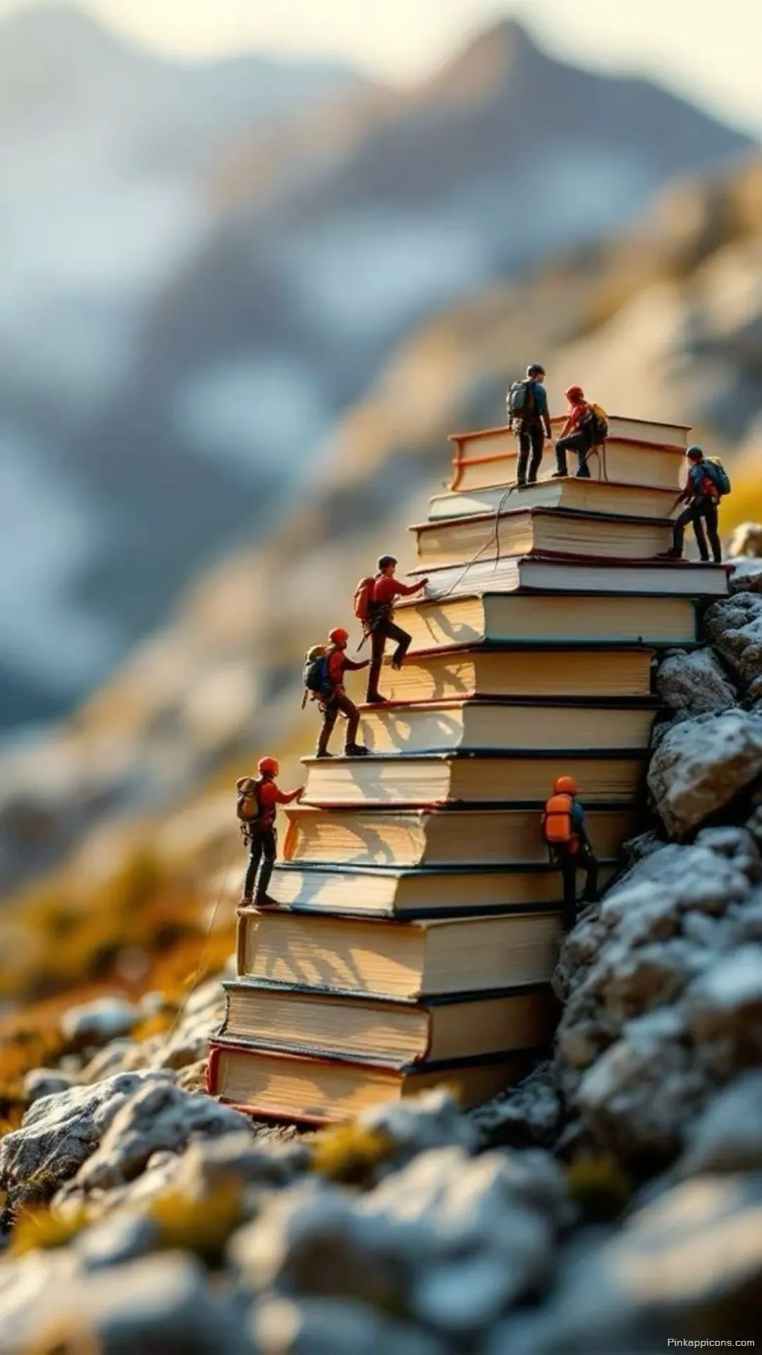 A creative book wallpaper of miniature hikers climbing a staircase of novels up a mountain A creative book wallpaper of miniature hikers climbing a staircase of novels up a mountain.