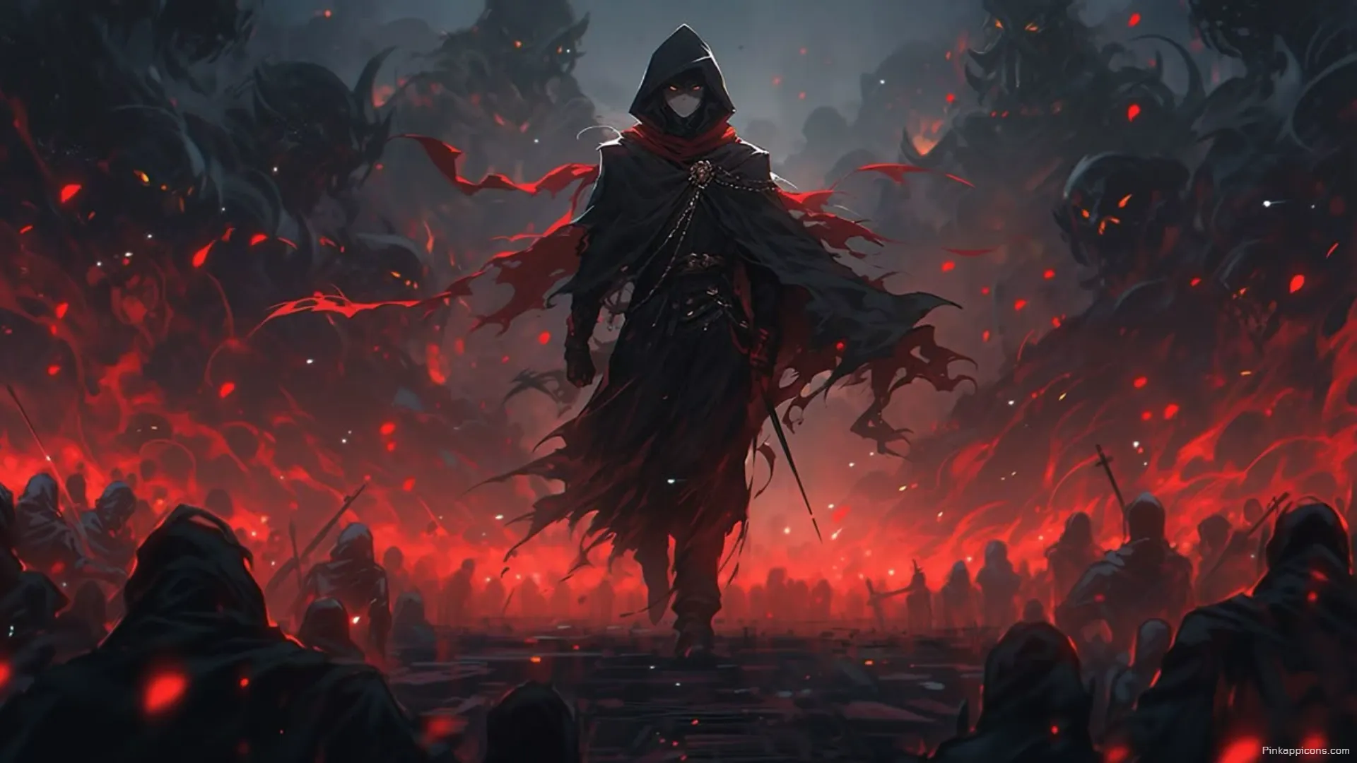 A dark warrior in a crimson and black cloak an intense anime laptop wallpaper A dark warrior in a crimson and black cloak, an intense anime laptop wallpaper.