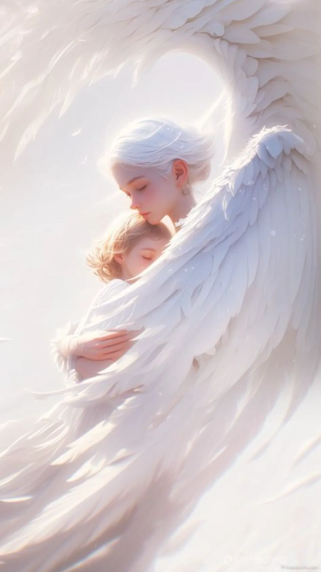 A loving guardian angel wallpaper with white wings embracing a child a serene phone wallpaper A loving guardian angel wallpaper with white wings embracing a child, a serene phone wallpaper.