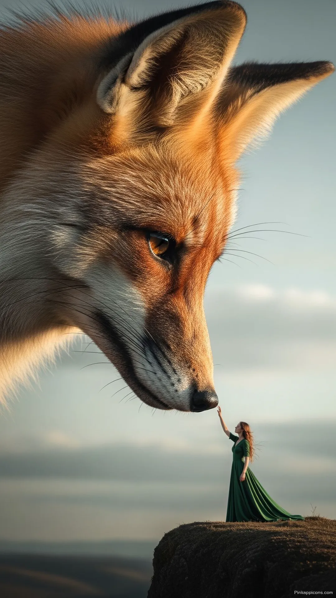 A magical fantasy fox wallpaper of a gentle giant meeting a woman on a cliffs edge A magical fantasy fox wallpaper of a gentle giant meeting a woman on a cliff’s edge.