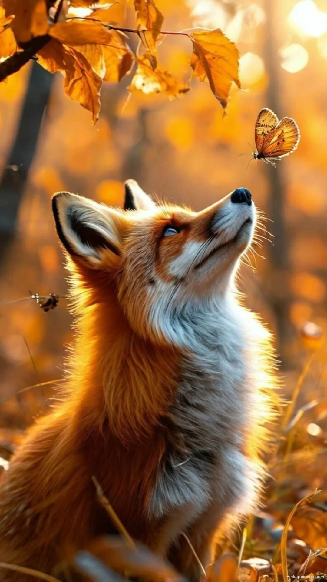 A magical fox wallpaper of a curious red fox meeting a butterfly in a golden autumn forest A magical fox wallpaper of a curious red fox meeting a butterfly in a golden autumn forest.