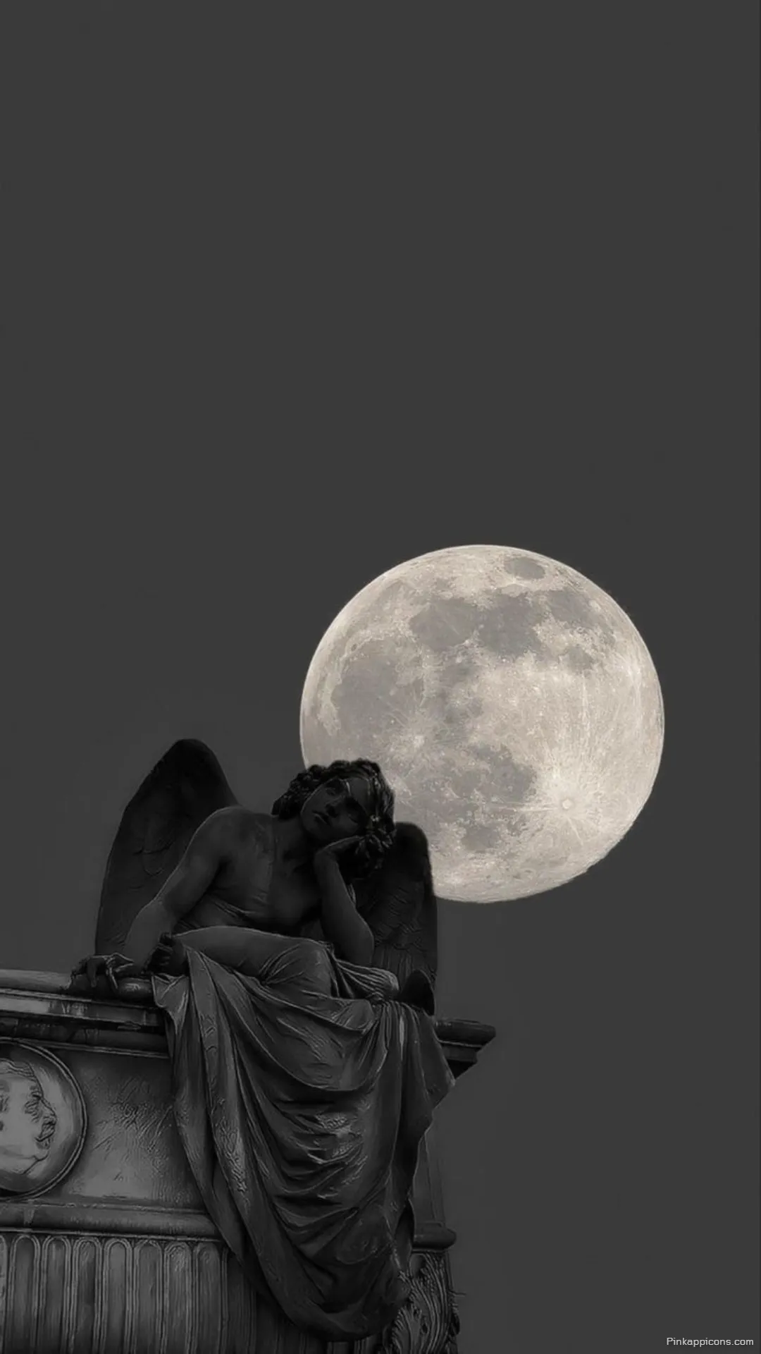 A melancholic stone statue rests under the full moon in this gothic aesthetic angel wallpaper A melancholic stone statue rests under the full moon in this gothic aesthetic angel wallpaper.