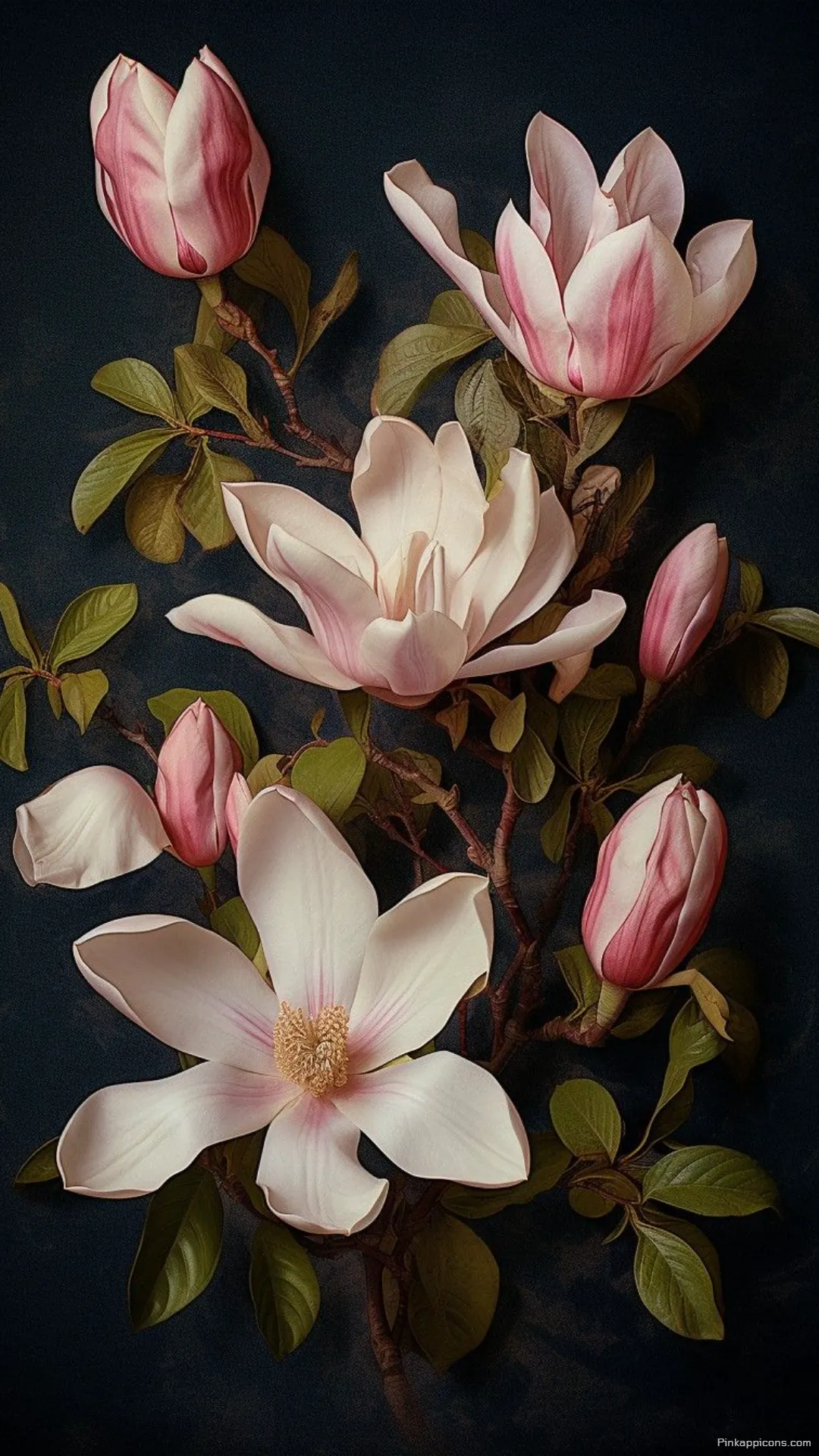 A moody and artistic still life with pink and white magnolia wallpaper for a dramatic phone A moody and artistic still life with pink and white magnolia wallpaper for a dramatic phone.