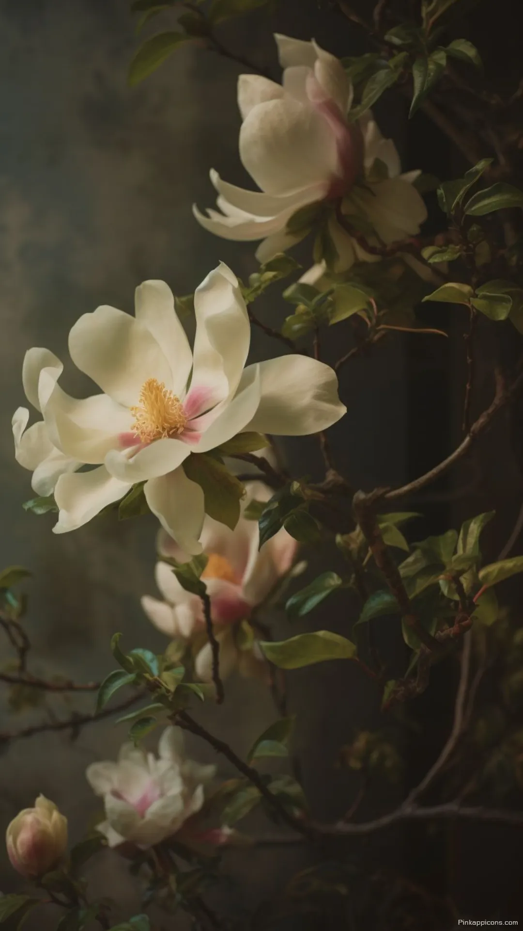 A moody artistic still life with white flowers magnolia wallpaper in a vintage oil painting style A moody, artistic still life with white flowers magnolia wallpaper in a vintage oil painting style.