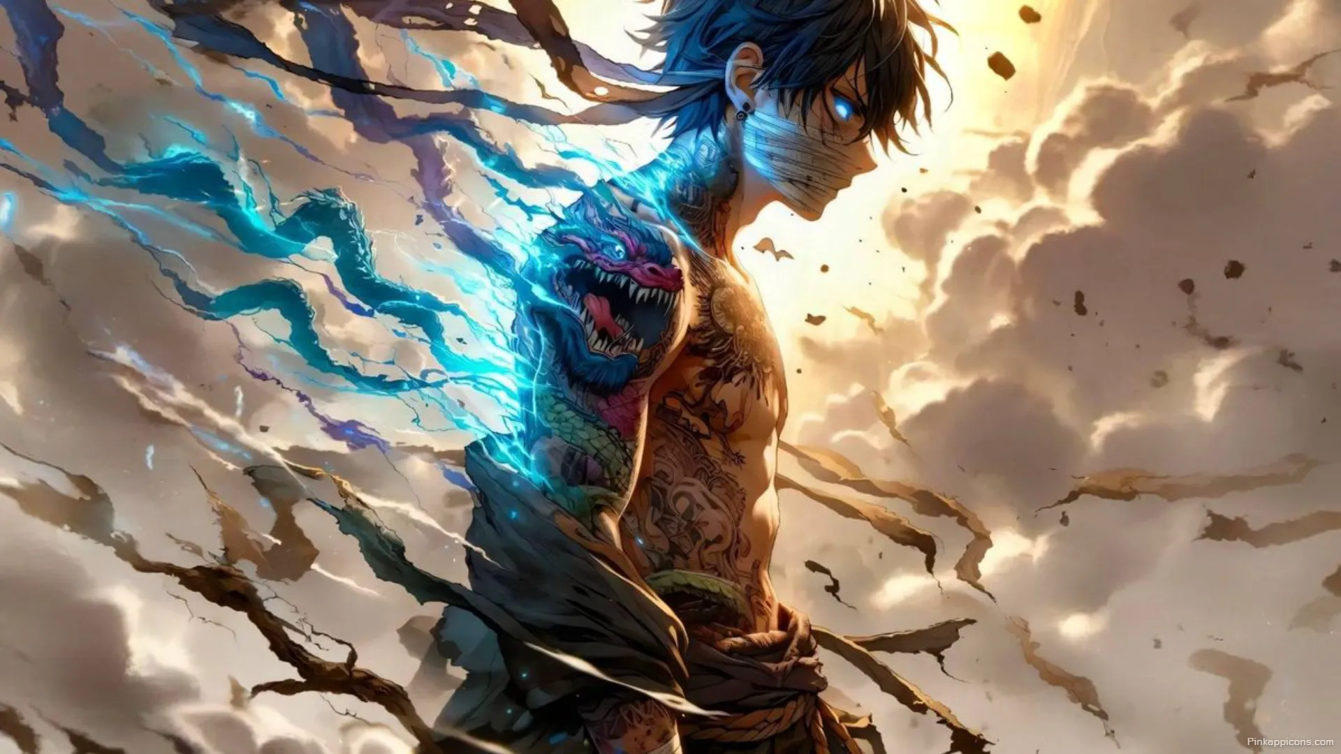 A powerful tattooed fighter with a glowing dragon a striking laptop anime wallpaper A powerful tattooed fighter with a glowing dragon, a striking laptop anime wallpaper.
