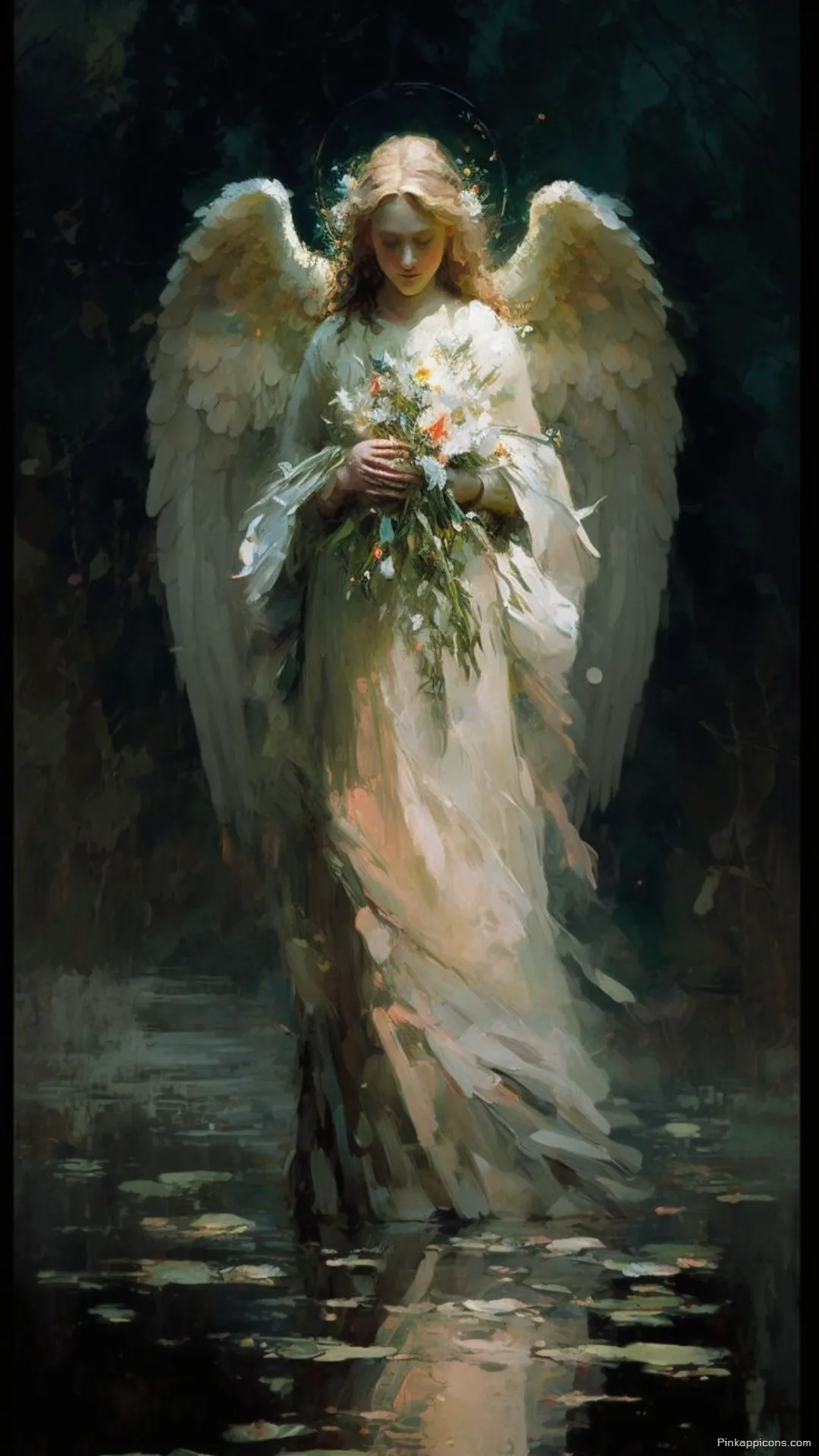 A serene guardian holding wildflowers while standing in a pond a beautiful angel wallpaper A serene guardian holding wildflowers while standing in a pond, a beautiful angel wallpaper.