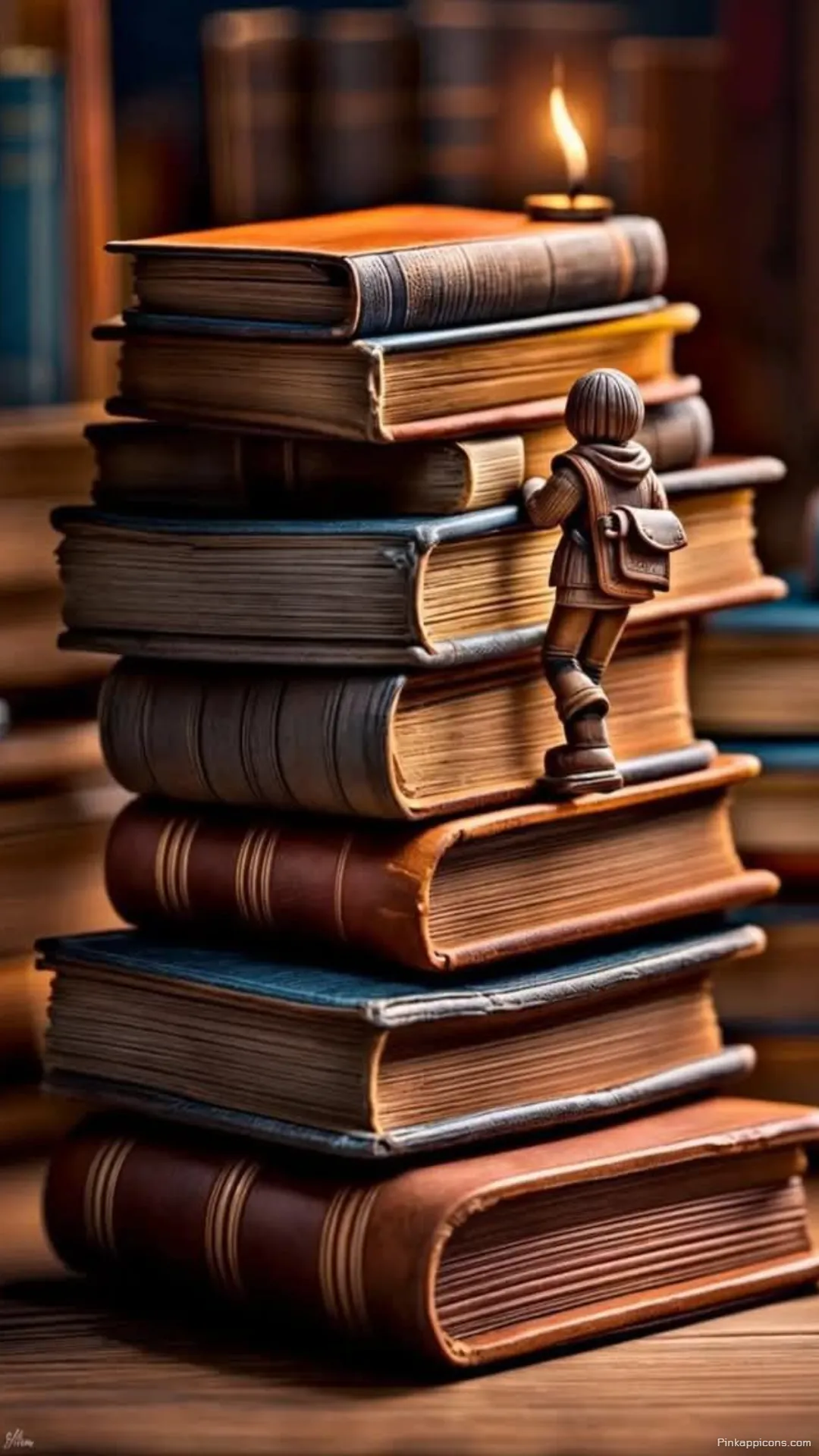 A whimsical book wallpaper of a tiny student climbing a mountain of classic novels A whimsical book wallpaper of a tiny student climbing a mountain of classic novels.
