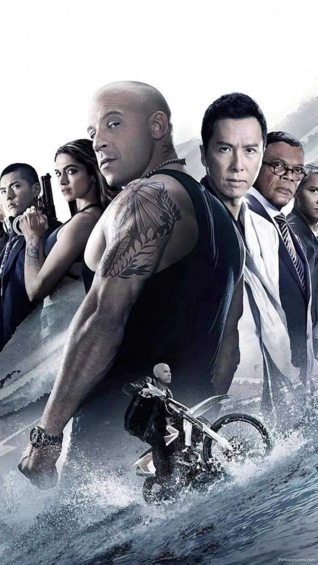 Action packed ensemble fast and furious wallpaper featuring Vin Diesel and diverse cast on a thrilling water chase for your phone Action-packed ensemble fast and furious wallpaper featuring Vin Diesel and diverse cast on a thrilling water chase for your phone.