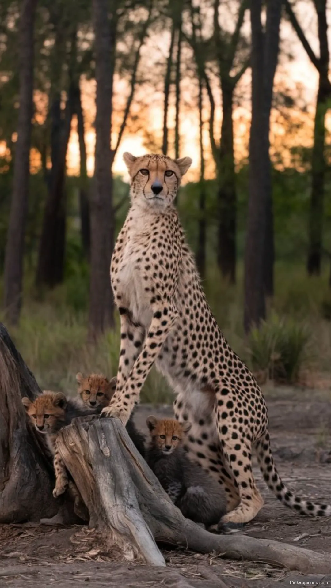 Adorn your phone with a stunning cheetah wallpaper featuring a mother and her playful cubs in a forest setting Adorn your phone with a stunning cheetah wallpaper featuring a mother and her playful cubs in a forest setting