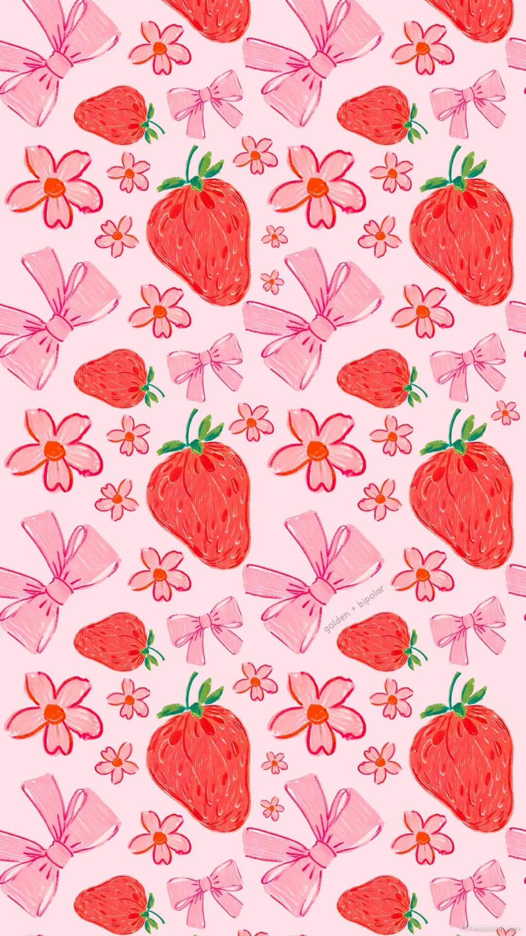 Aesthetic Strawberry Shortcake Wallpaper with a Cute Pink Bow Flower and Berry Pattern Aesthetic Strawberry Shortcake Wallpaper with a Cute Pink Bow, Flower, and Berry Pattern