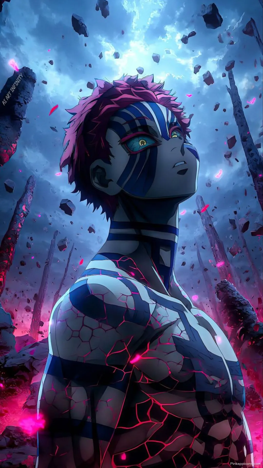 Akazas intense gaze amidst a shattered glowing landscape an epic dark anime wallpaper 4K for your phone Akaza’s intense gaze amidst a shattered, glowing landscape an epic dark anime wallpaper 4K for your phone.