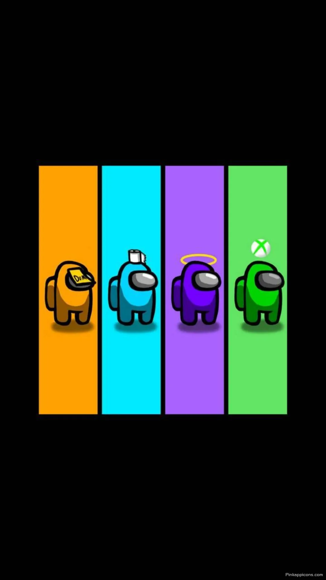 Among Us Wallpaper Four Crewmates on Colorful Vertical Stripes on Black Among Us Wallpaper Four Crewmates on Colorful Vertical Stripes on Black