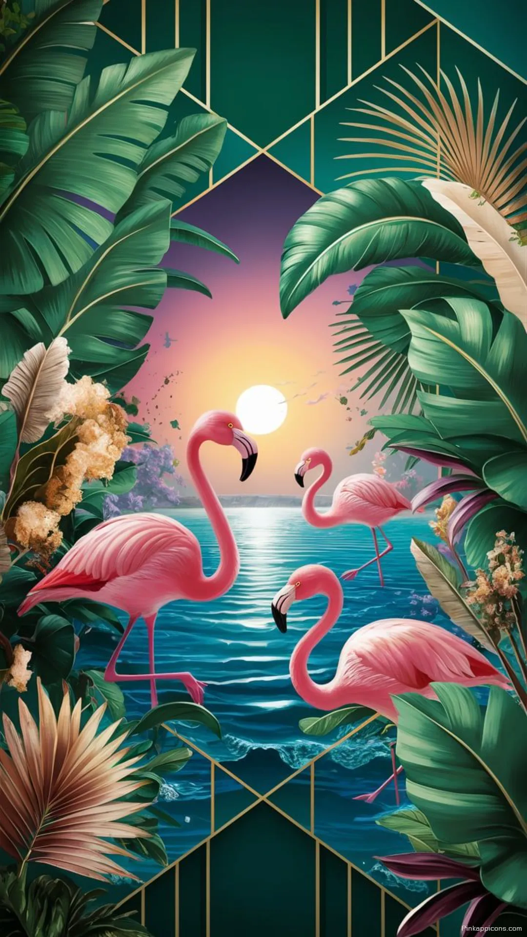 An Elegant Scene of Pink Flamingos at Sunset a Serene and Artistic Tropical Wallpaper An Elegant Scene of Pink Flamingos at Sunset, a Serene and Artistic Tropical Wallpaper.