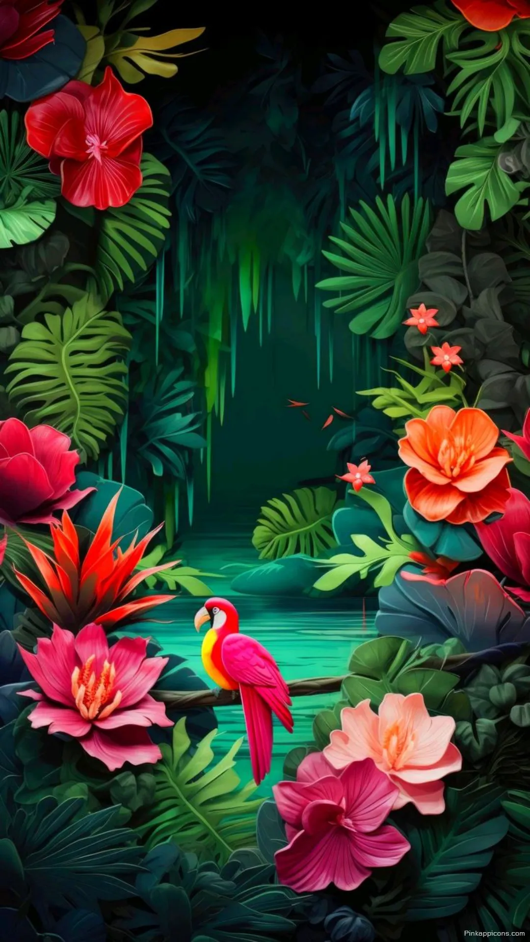 An Exotic Parrot in a Mysterious Jungle with a Hidden Lagoon an Enchanting Tropical Wallpaper An Exotic Parrot in a Mysterious Jungle with a Hidden Lagoon, an Enchanting Tropical Wallpaper.