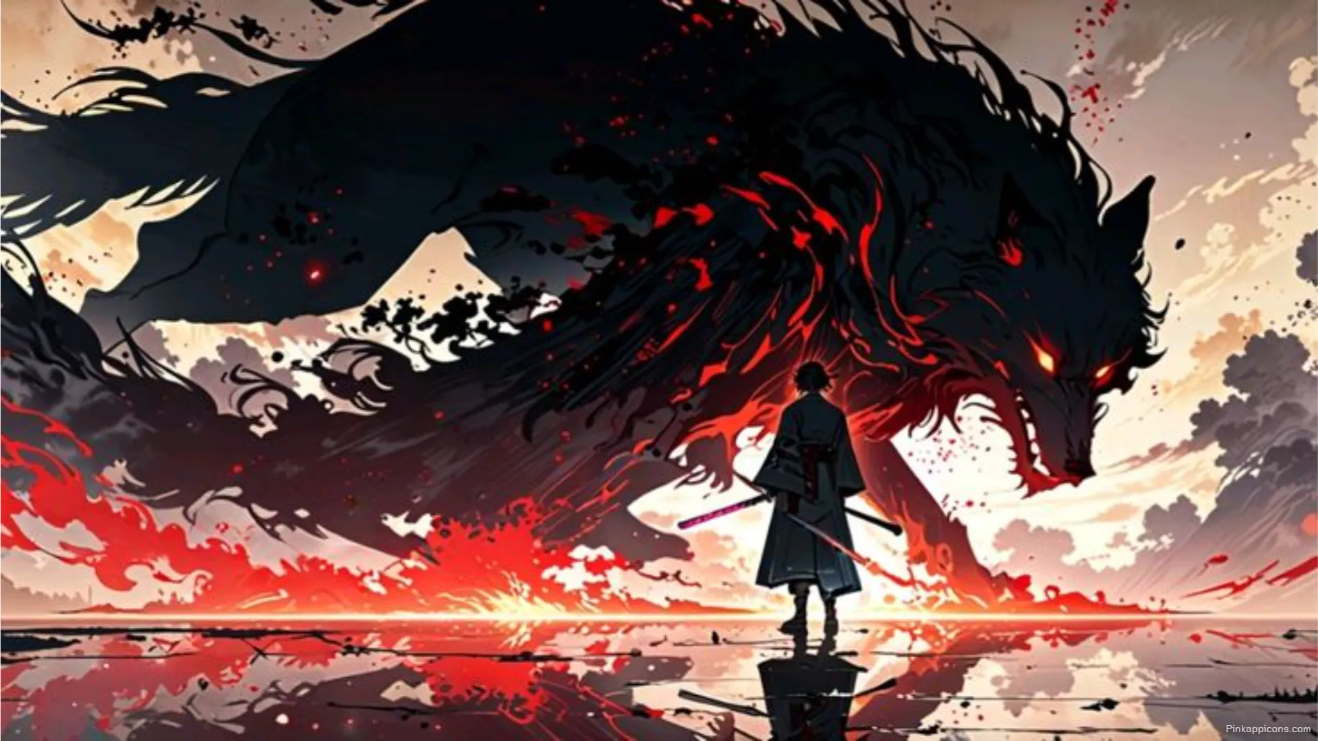 Anime Samurai Warrior Faces Giant Demonic Wolf with Red Aura Epic Laptop Anime Wallpaper HD Anime Samurai Warrior Faces Giant Demonic Wolf with Red Aura – Epic Laptop Anime Wallpaper HD