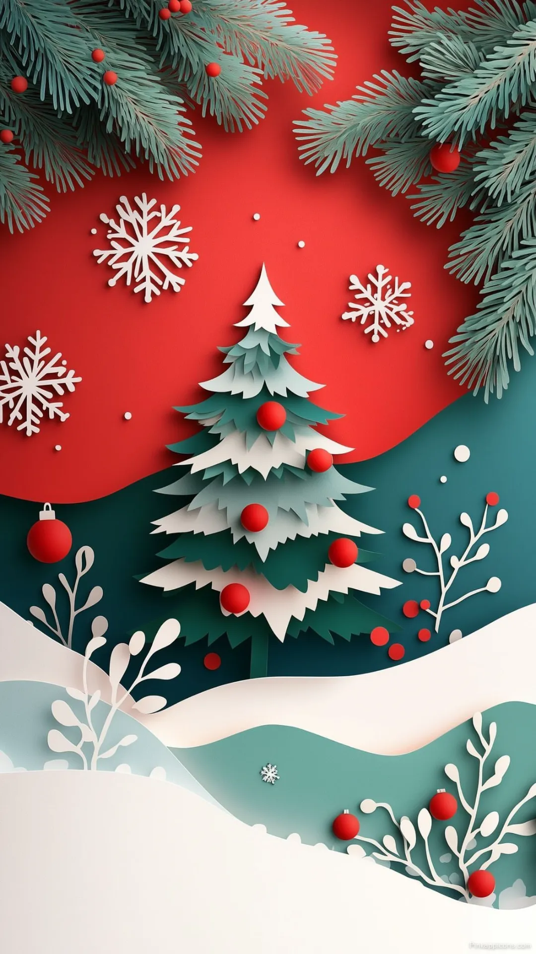 Artistic Paper Cut Christmas Tree and Snowflakes Wallpaper for Phone – Festive Holiday Scene Artistic Paper Cut Christmas Tree and Snowflakes Wallpaper for Phone – Festive Holiday Scene