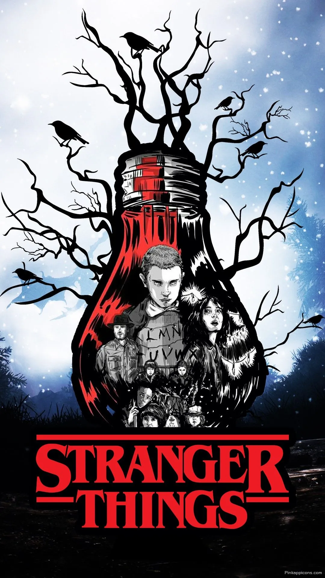 Artistic Stranger Things Wallpaper for Phone Iconic Characters Trapped in a Lightbulb with a Mysterious Tree Artistic Stranger Things Wallpaper for Phone Iconic Characters Trapped in a Lightbulb with a Mysterious Tree.