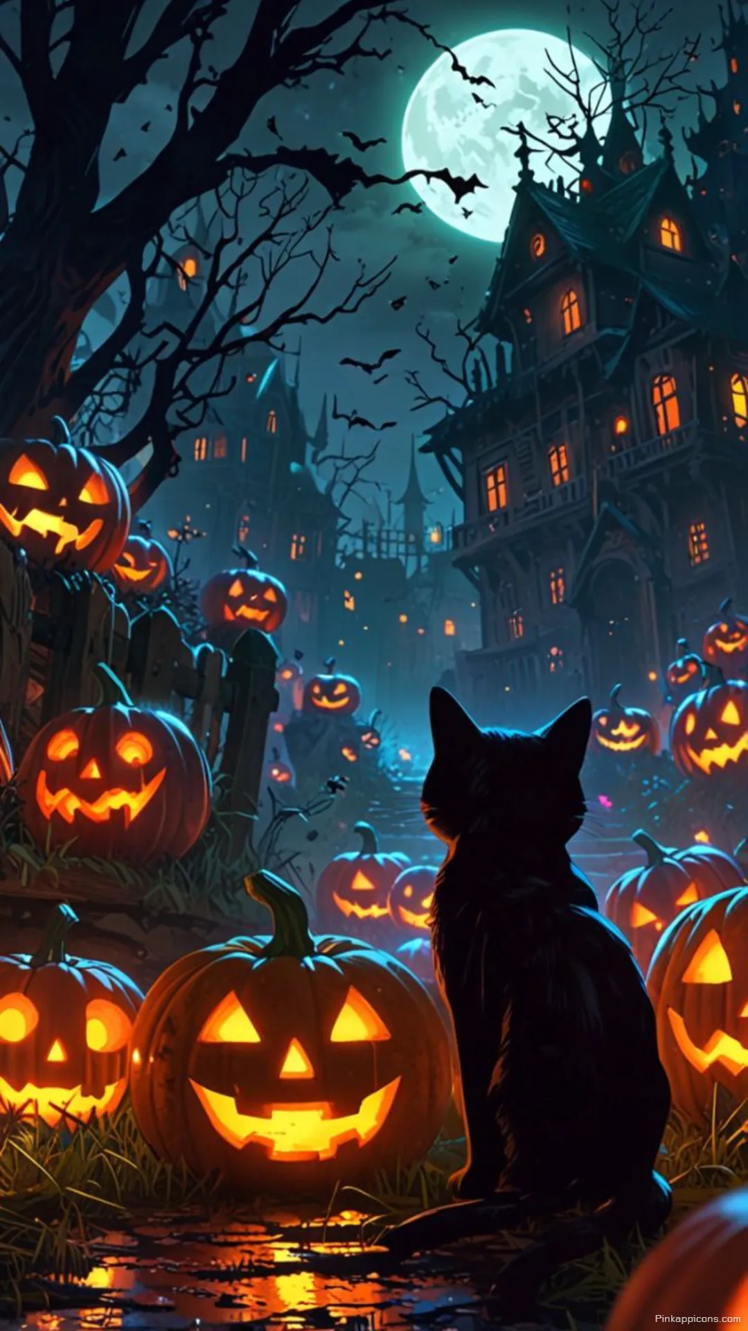 Black Cat Glowing Jack o Lanterns in Spooky Haunted Town Halloween Wallpaper for Phone Black Cat & Glowing Jack-o’-Lanterns in Spooky Haunted Town Halloween Wallpaper for Phone.