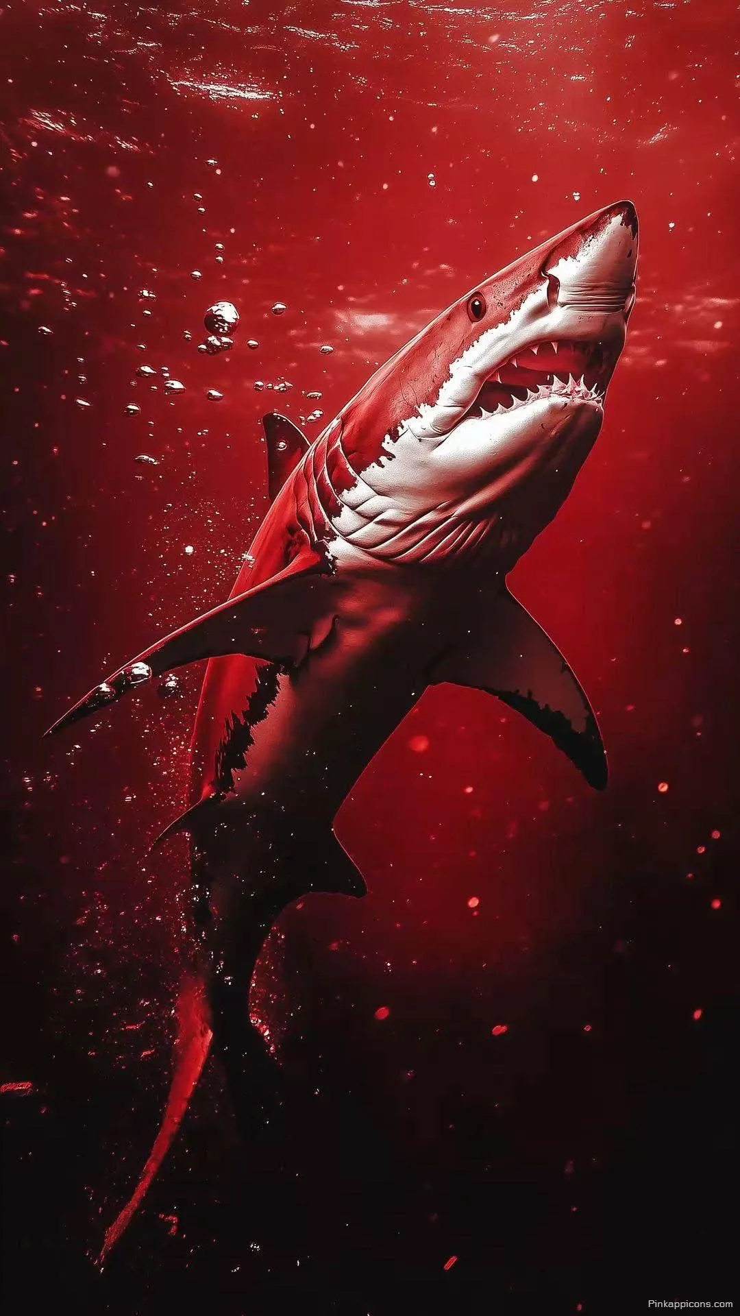 Blood Red Ocean Predator Shark Wallpaper Menacing Great White in Crimson Waters Wallpaper Blood-Red Ocean Predator Shark Wallpaper Menacing Great White in Crimson Waters Wallpaper