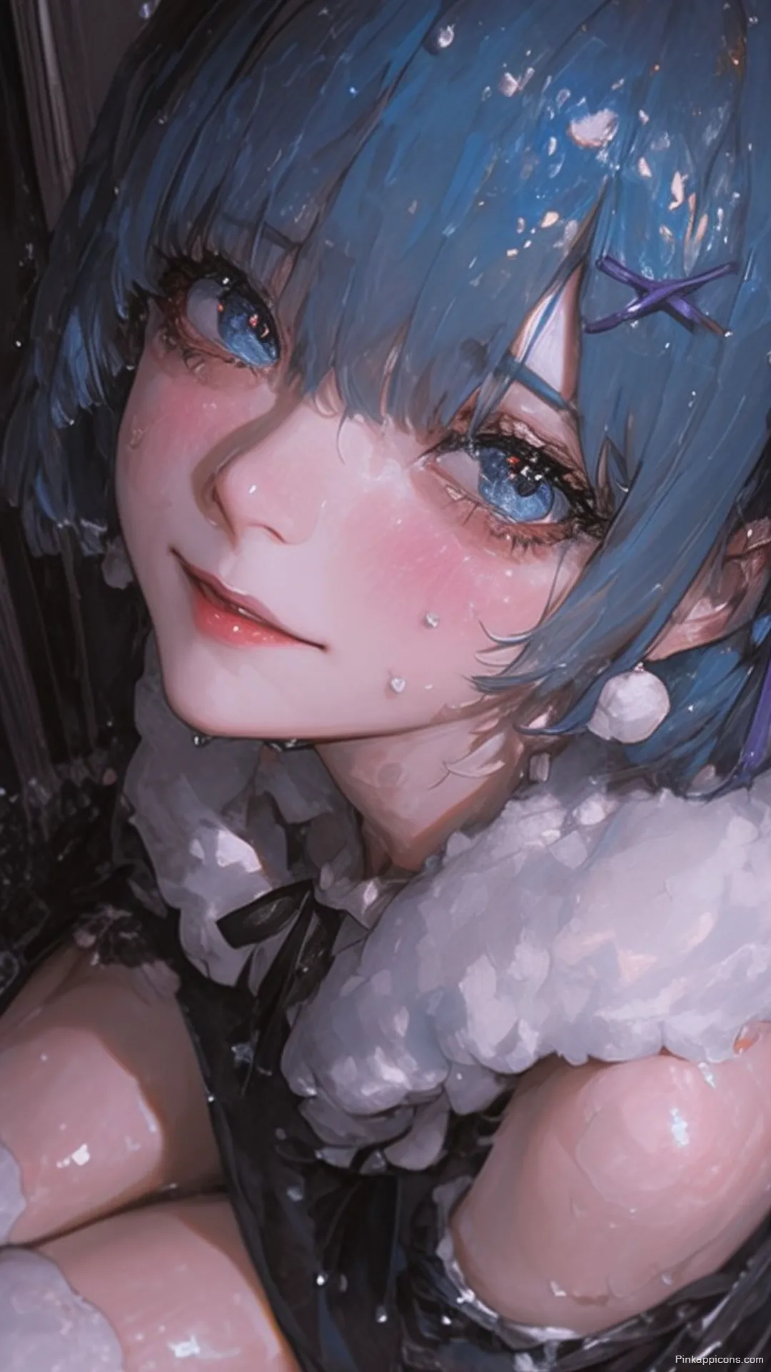 Blue haired anime girl with sparkling eyes an ethereal and charming dark anime wallpaper 4K for your phone Blue-haired anime girl with sparkling eyes, an ethereal and charming dark anime wallpaper 4K for your phone.
