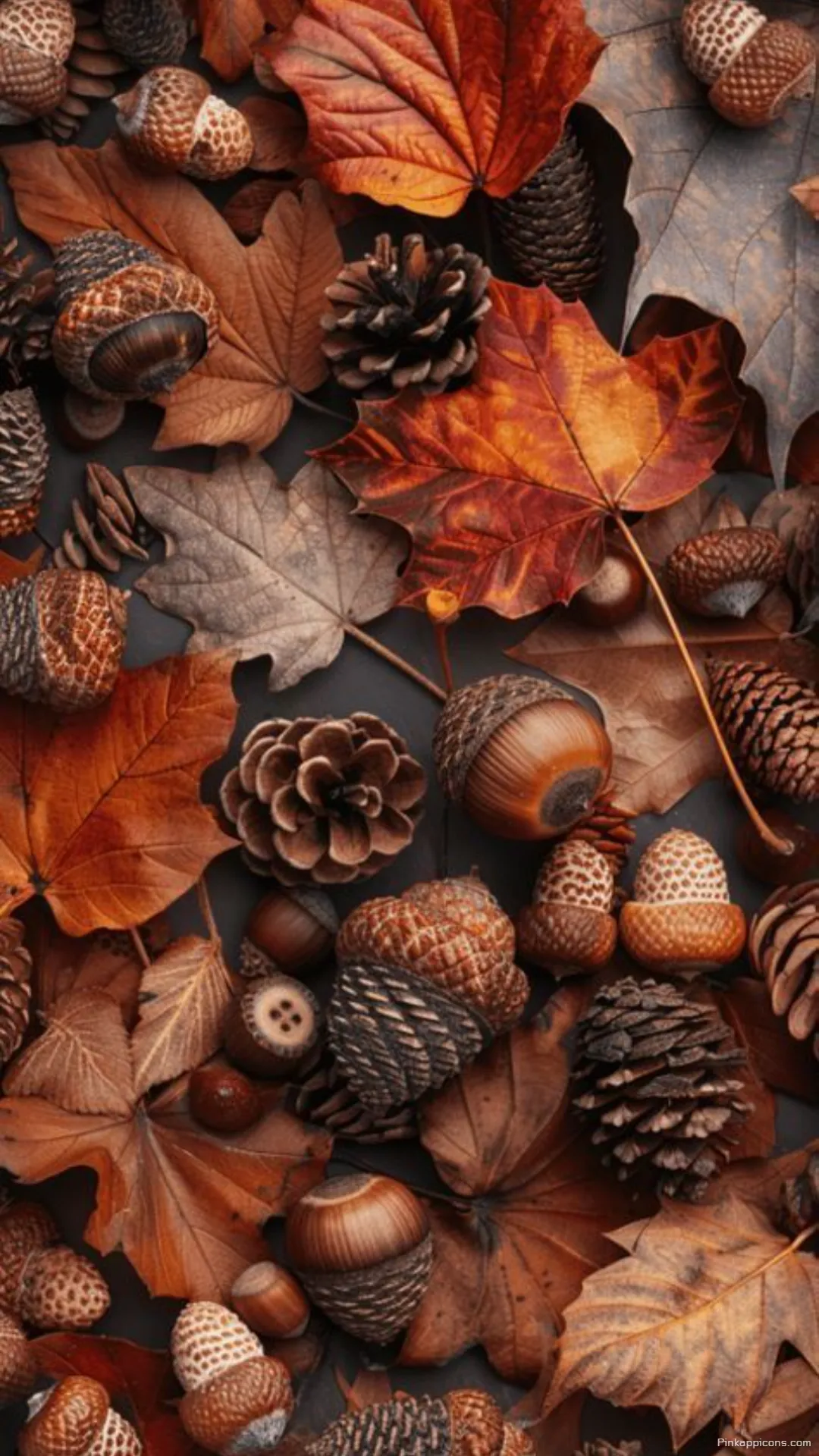 Bountiful Autumn Wallpaper A vibrant display of fall leaves pinecones and acorns ideal phone theme Bountiful Autumn Wallpaper A vibrant display of fall leaves, pinecones, and acorns, ideal phone theme