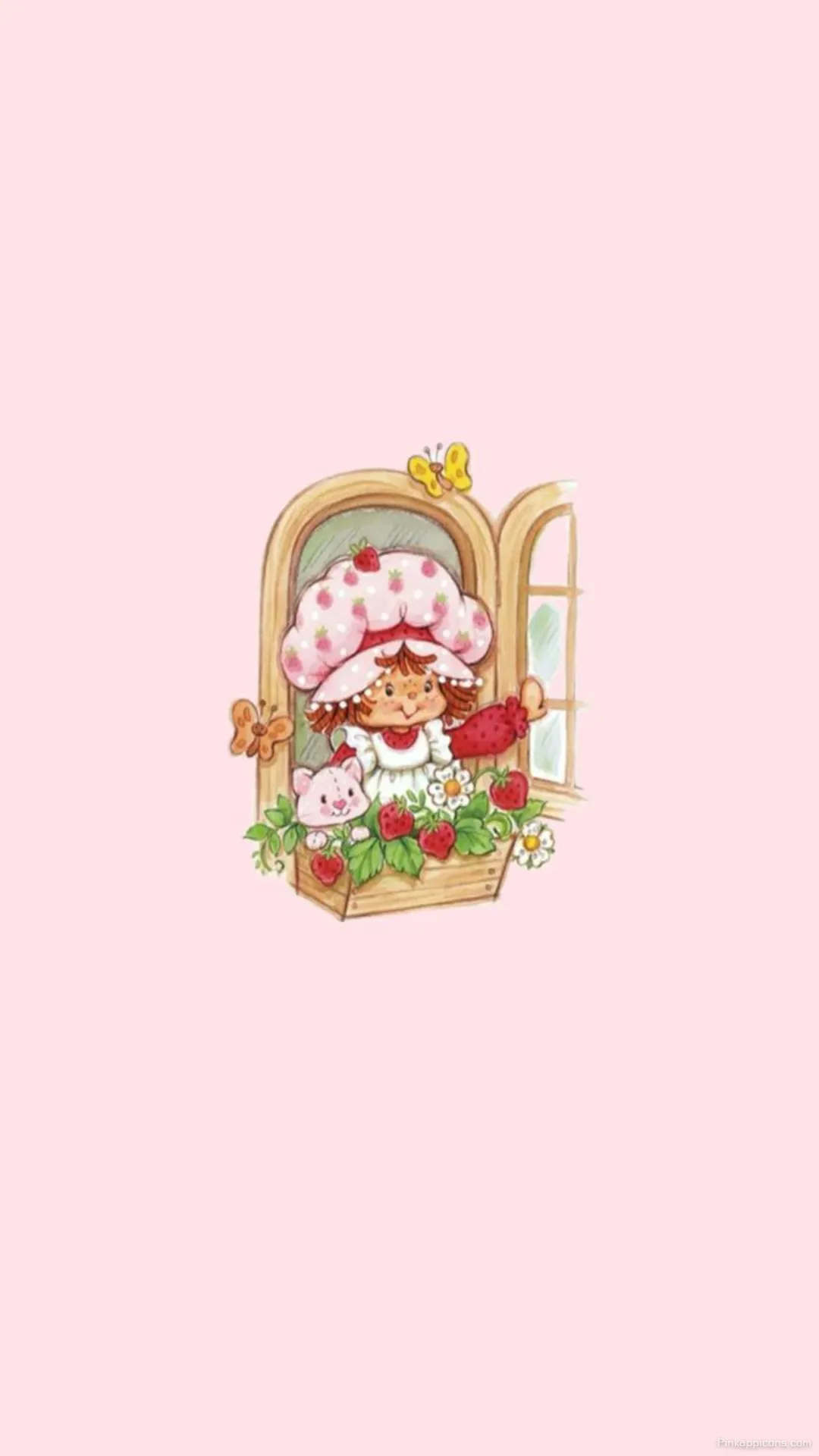 Cheerful Strawberry Shortcake Wallpaper at the Window Cute Pink Retro Phone Background Cheerful Strawberry Shortcake Wallpaper at the Window Cute Pink Retro Phone Background