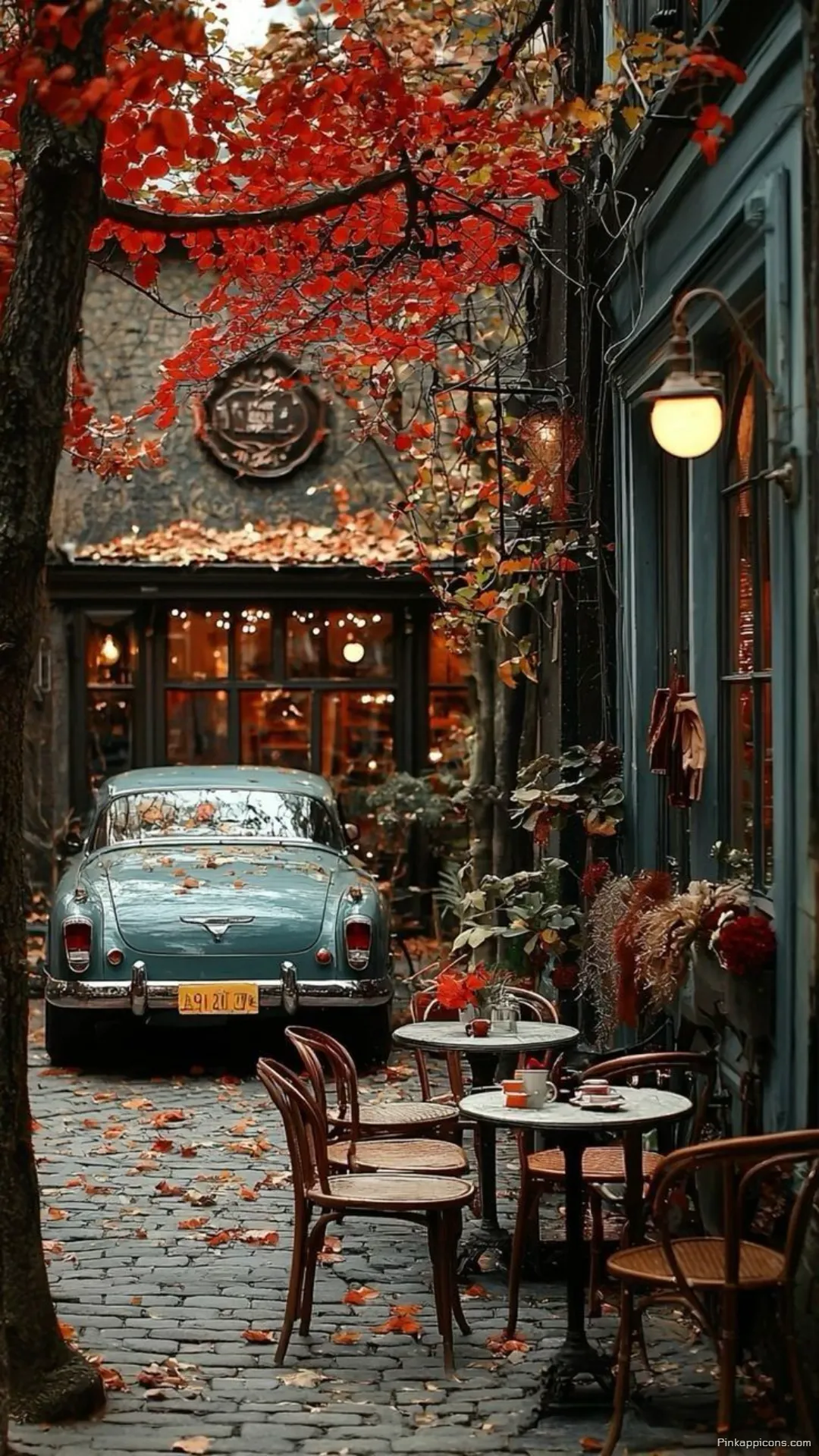 Classic Car Warm Cafe on a Leafy Cobblestone Lane Picturesque Autumn Wallpaper for Phones Classic Car & Warm Cafe on a Leafy Cobblestone Lane Picturesque Autumn Wallpaper for Phones