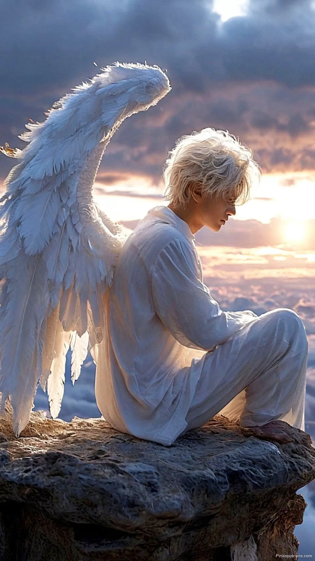 Contemplative male angel wallpaper sitting on a cliff above the clouds at sunset Contemplative male angel wallpaper sitting on a cliff above the clouds at sunset.