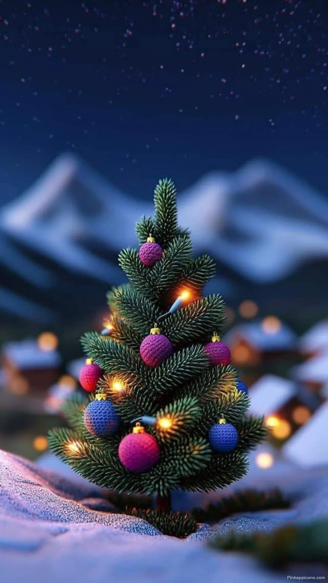 Cozy Mountain Night Christmas Wallpaper for Phone with a Small Illuminated Evergreen Tree Cozy Mountain Night Christmas Wallpaper for Phone with a Small, Illuminated Evergreen Tree