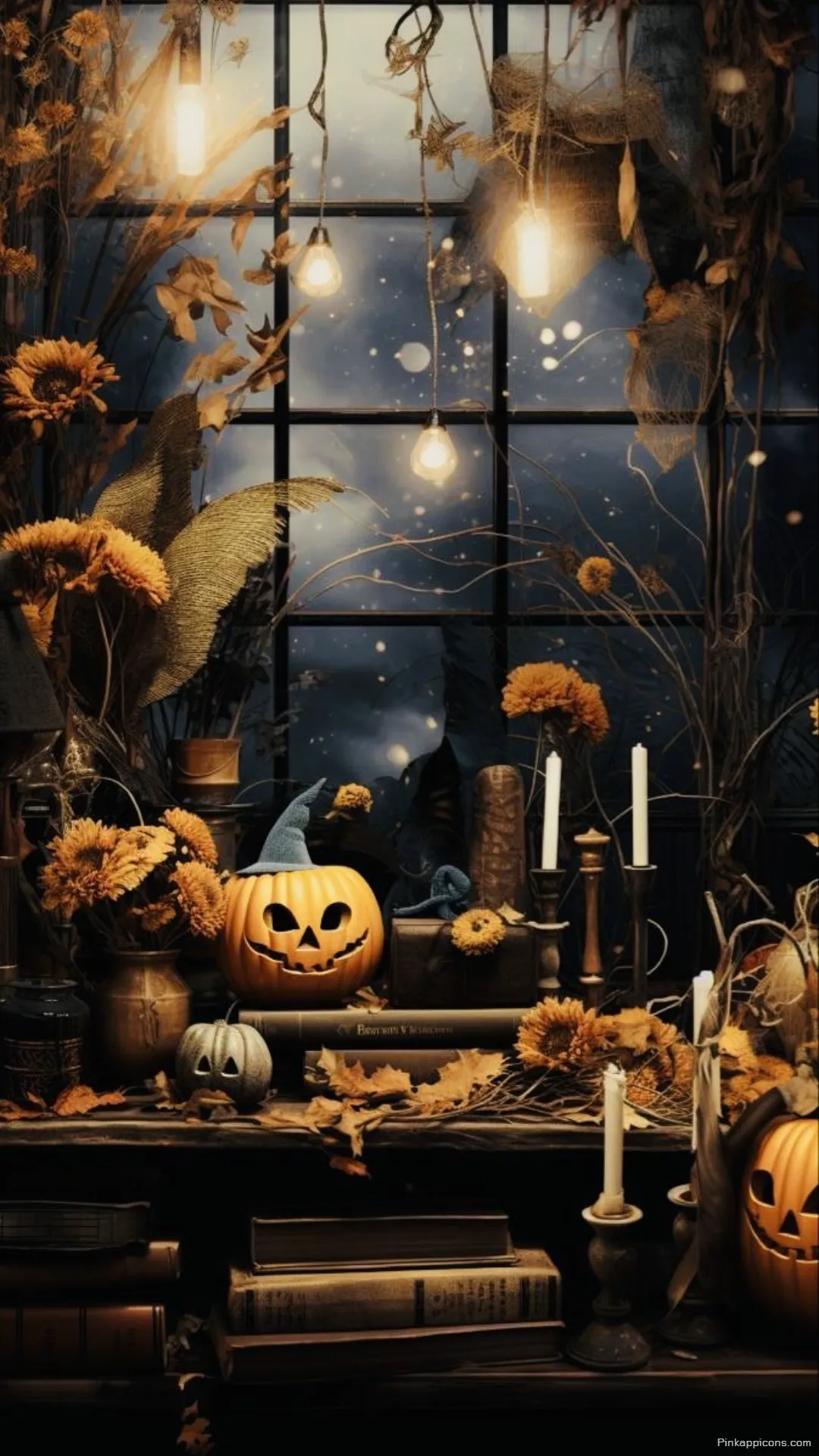 Cozy Witchs Study Halloween Wallpaper Jack o Lantern with Hat Old Books Candles Phone Decor Cozy Witch’s Study Halloween Wallpaper Jack-o’-Lantern with Hat, Old Books & Candles Phone Decor.