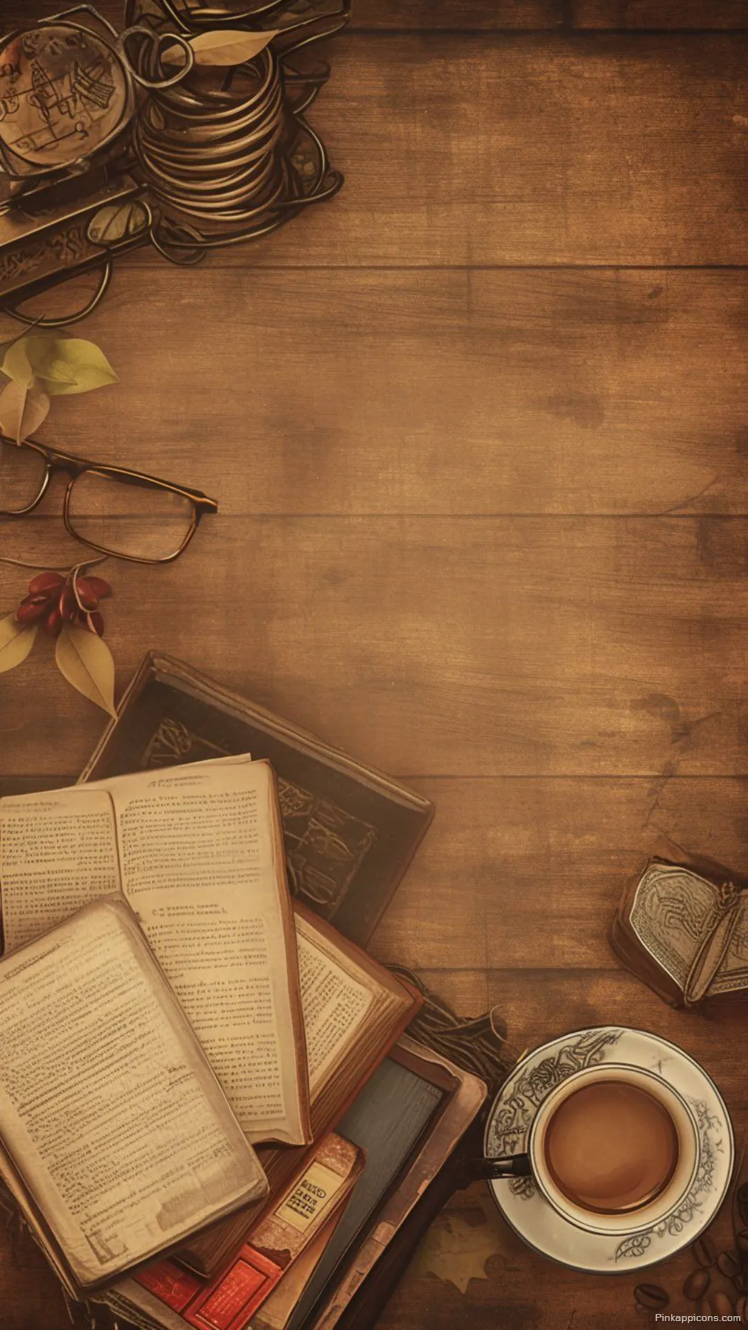 Cozy vintage book wallpaper with coffee and classic novels a perfect study aesthetic wallpaper Cozy vintage book wallpaper with coffee and classic novels, a perfect study aesthetic wallpaper.