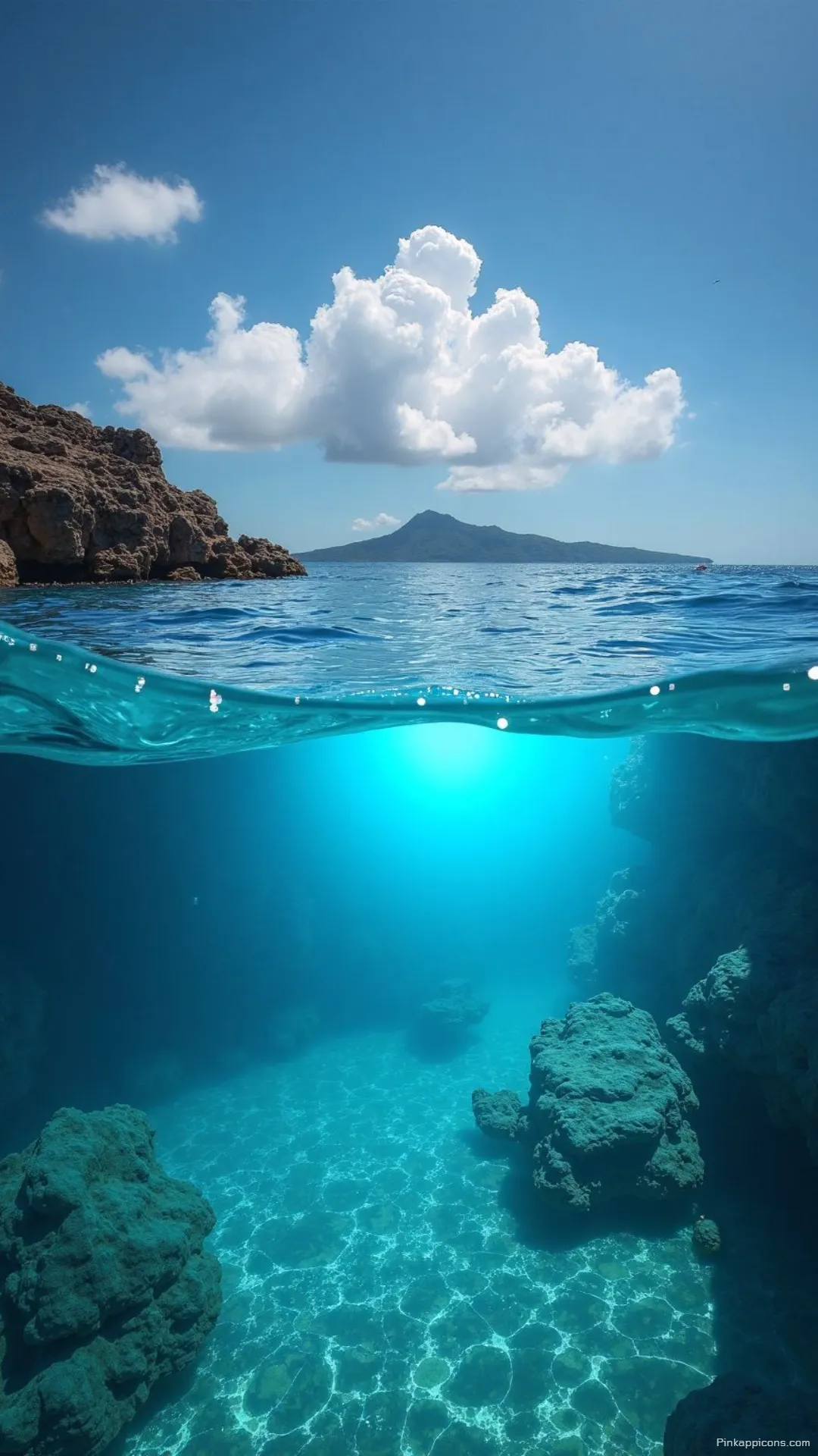 Crystal Clear Ocean Wallpaper for Phone Half Submerged View Reveals Vibrant Blue Depths and Picturesque Island Above the Waves Crystal Clear Ocean Wallpaper for Phone Half Submerged View Reveals Vibrant Blue Depths and Picturesque Island Above the Waves