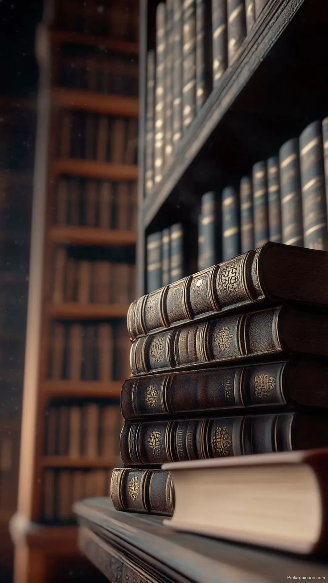 Dark academia aesthetic book wallpaper with leather bound vintage novels in a classic library Dark academia aesthetic book wallpaper with leather-bound vintage novels in a classic library.