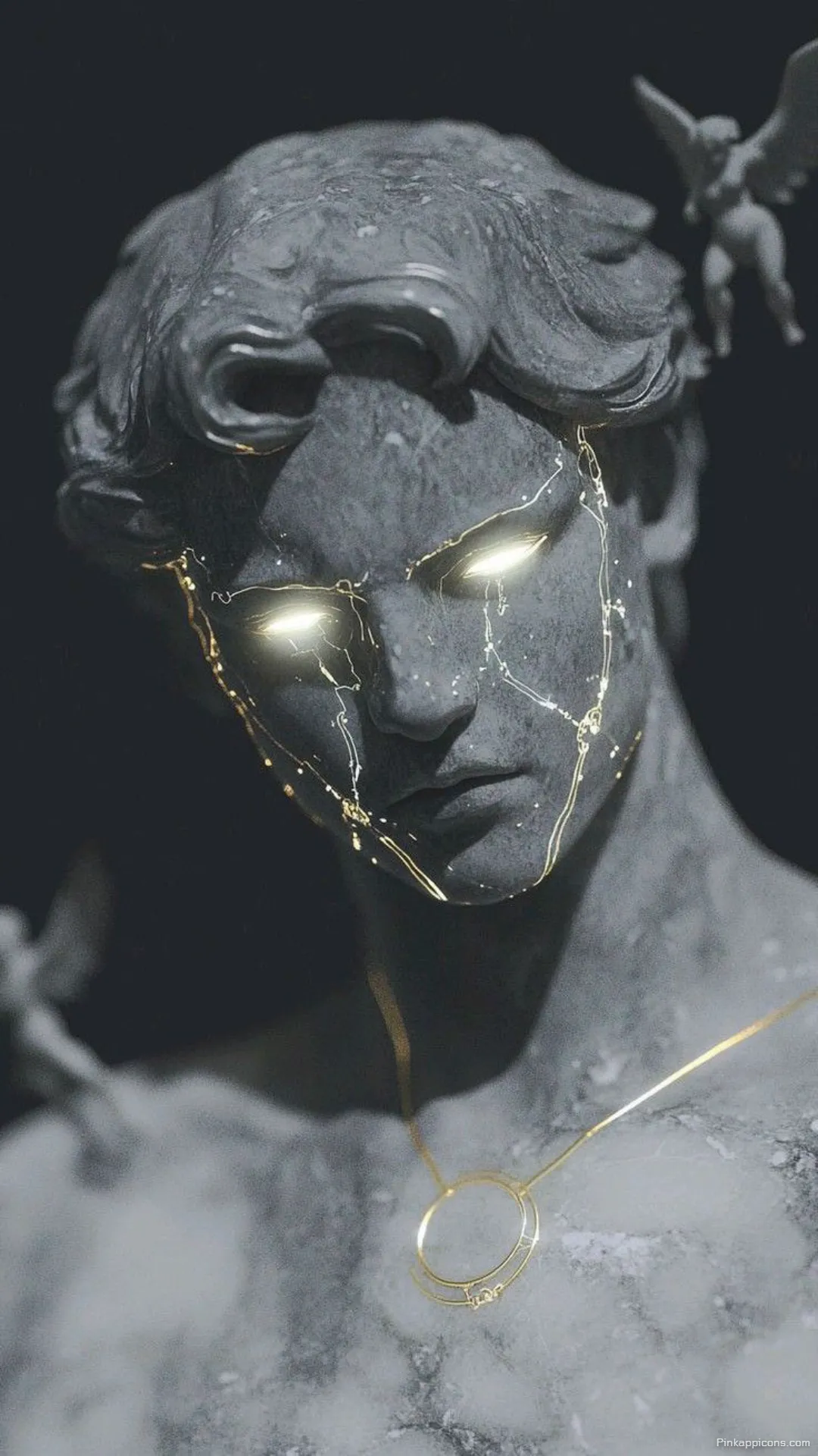 Dark angel wallpaper of a cracked statue with glowing eyes a powerful and artistic phone wallpaper Dark angel wallpaper of a cracked statue with glowing eyes, a powerful and artistic phone wallpaper.
