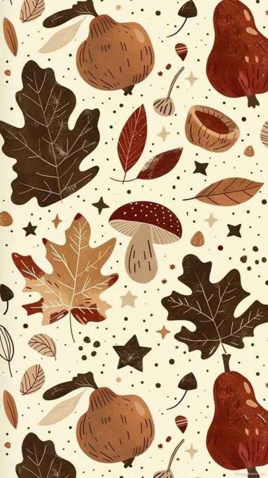 Delightful Autumn Wallpaper with a Seamless Pattern of Fall Foliage Pears and Toadstools for Mobile Delightful Autumn Wallpaper with a Seamless Pattern of Fall Foliage, Pears, and Toadstools for Mobile