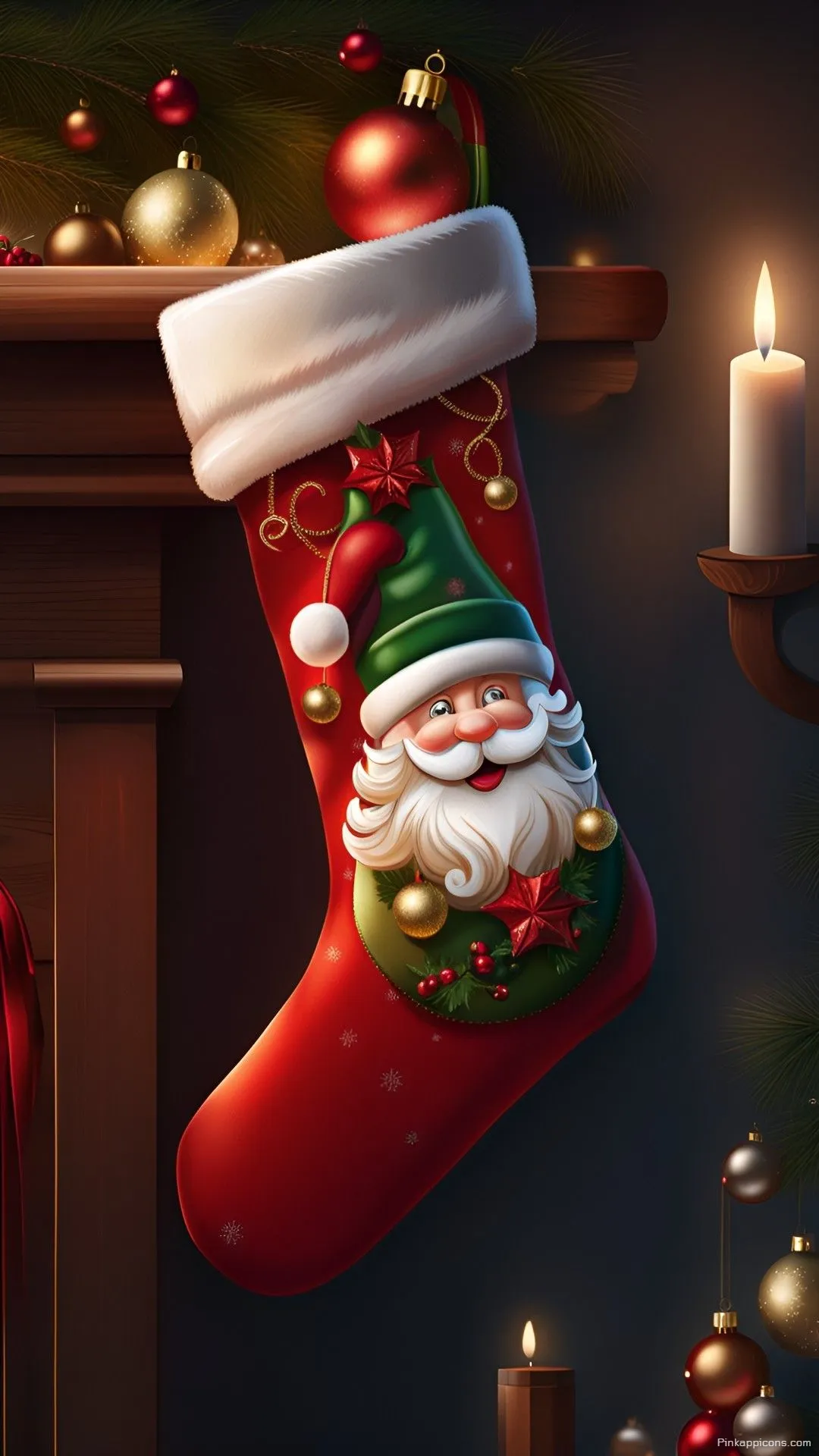 Detailed Christmas Stocking Wallpaper with Santa Claus Warm Fireplace Glow Phone Background Detailed Christmas Stocking Wallpaper with Santa Claus Warm Fireplace Glow Phone Background