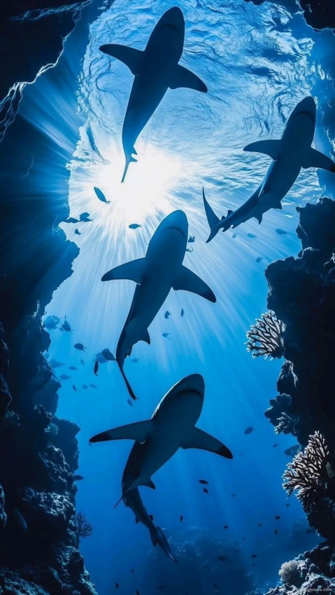 Diving sharks wallpaper for phone an amazing underwater scene with coral reefs Diving sharks wallpaper for phone, an amazing underwater scene with coral reefs.