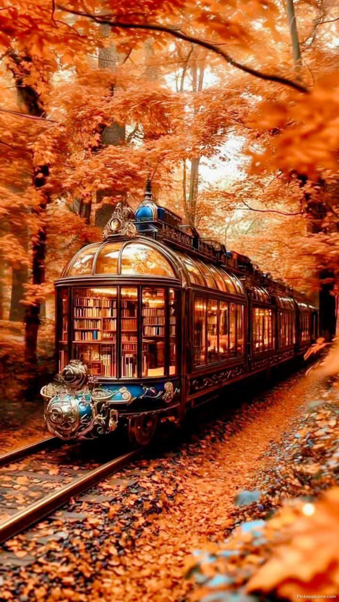 Dreamy Autumn Wallpaper Steampunk Library Train Amidst Orange Leafy Woods Phone Background Dreamy Autumn Wallpaper Steampunk Library Train Amidst Orange Leafy Woods Phone Background