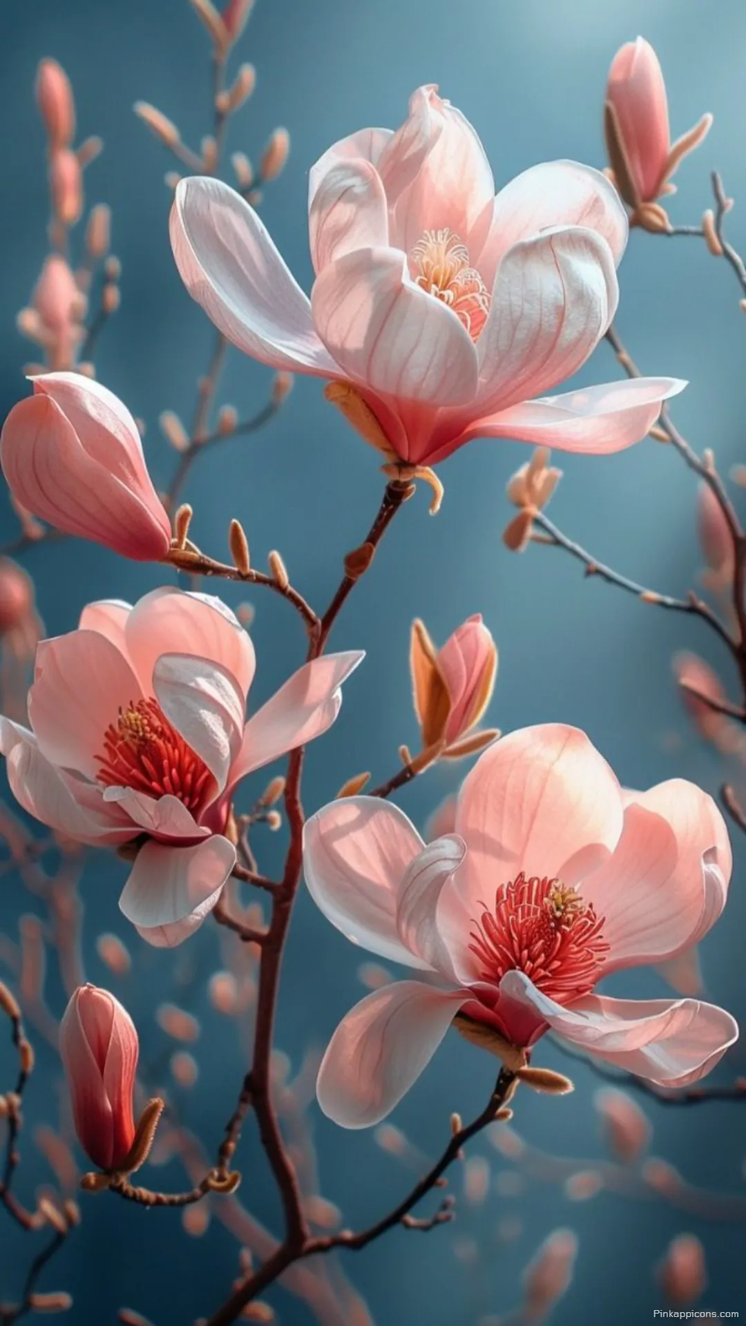 Dreamy glowing pink spring blooms against a blue sky magnolia wallpaper for your phone screen Dreamy glowing pink spring blooms against a blue sky magnolia wallpaper for your phone screen.